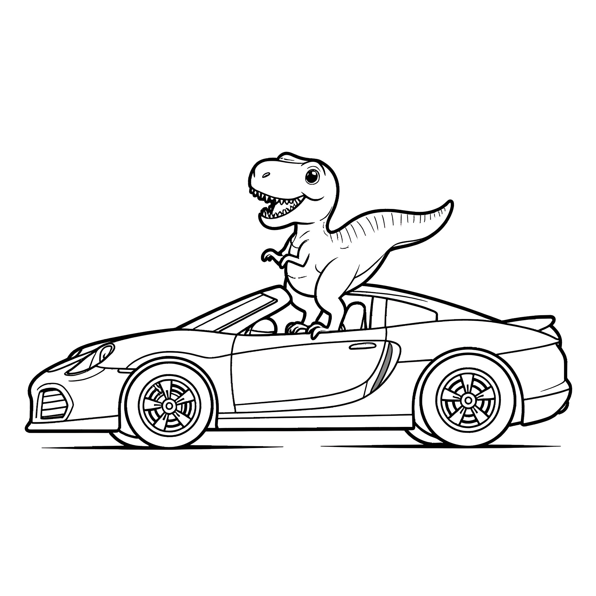 Tyrannosaurus Rex driving a sports car Coloring Page (free black-and-white line drawing printable PDF for all, from beginners to advanced learners, including children, teens, adults, and seniors)