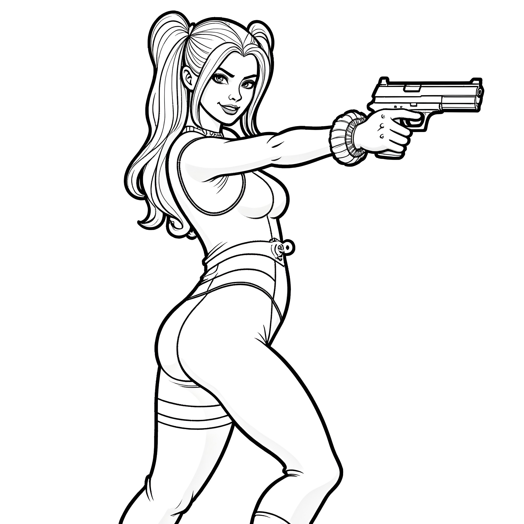 Harley Quinn aiming a gun with a serious expression Coloring Page (free black-and-white line drawing printable PDF for all, from beginners to advanced learners, including children, teens, adults, and seniors)