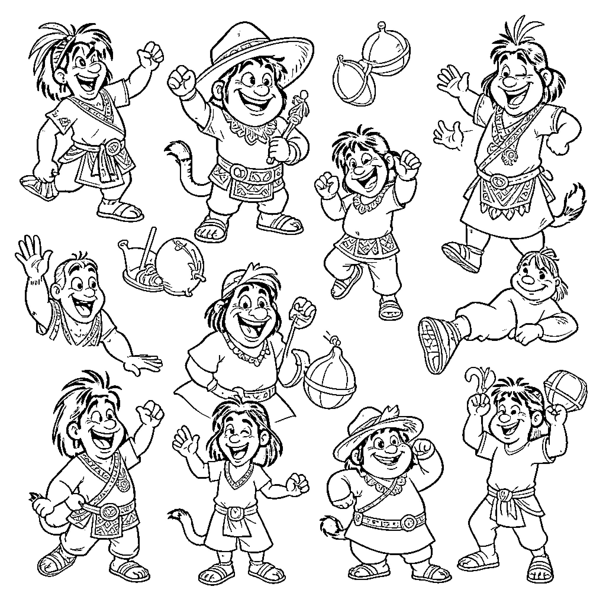 Kuzco Characters expressing joyful and energetic emotions Coloring Page (free black-and-white line drawing printable PDF for all, from beginners to advanced learners, including children, teens, adults, and seniors)