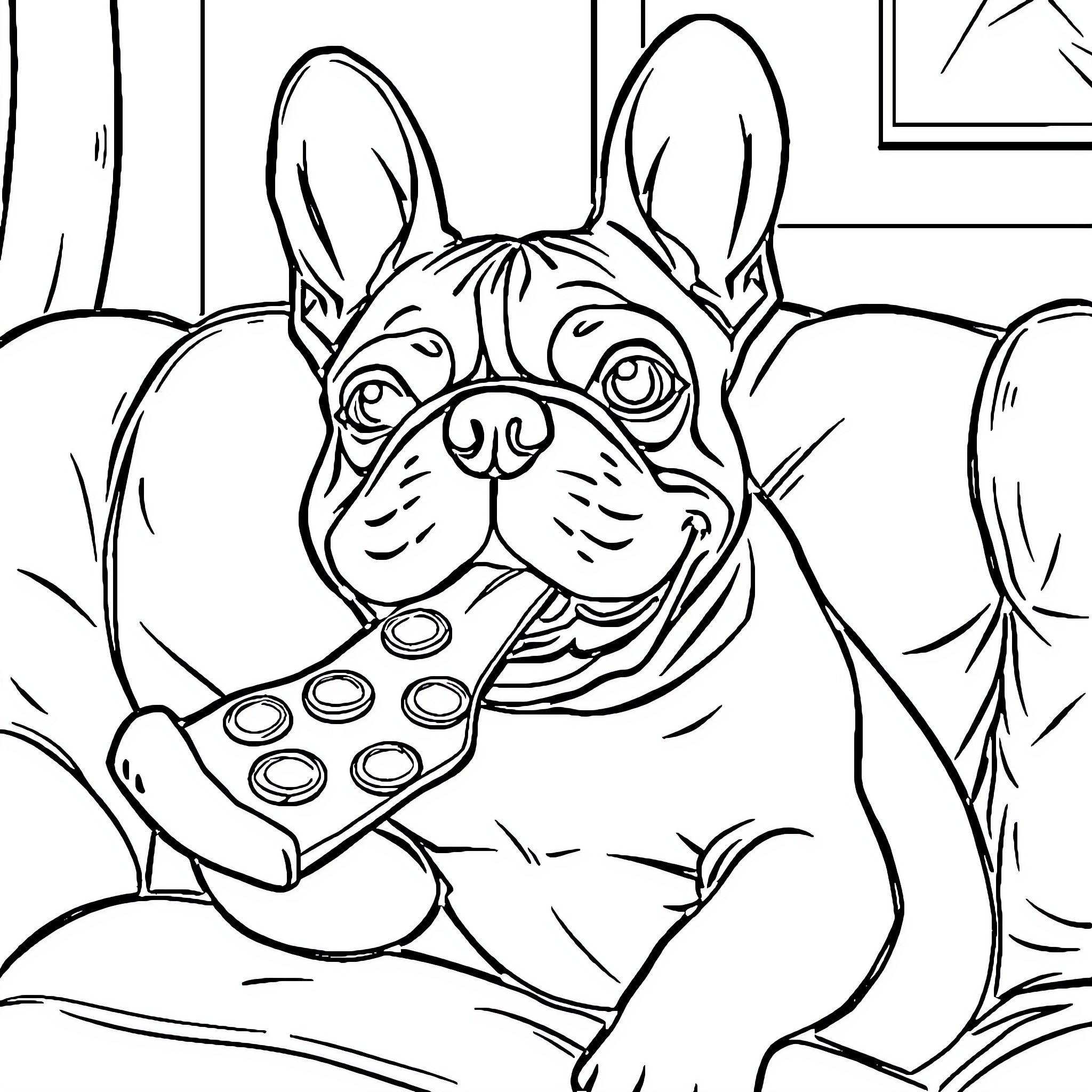 French Bulldog relaxing with video game controller Coloring Page (free black-and-white line drawing printable PDF for all, from beginners to advanced learners, including children, teens, adults, and seniors)