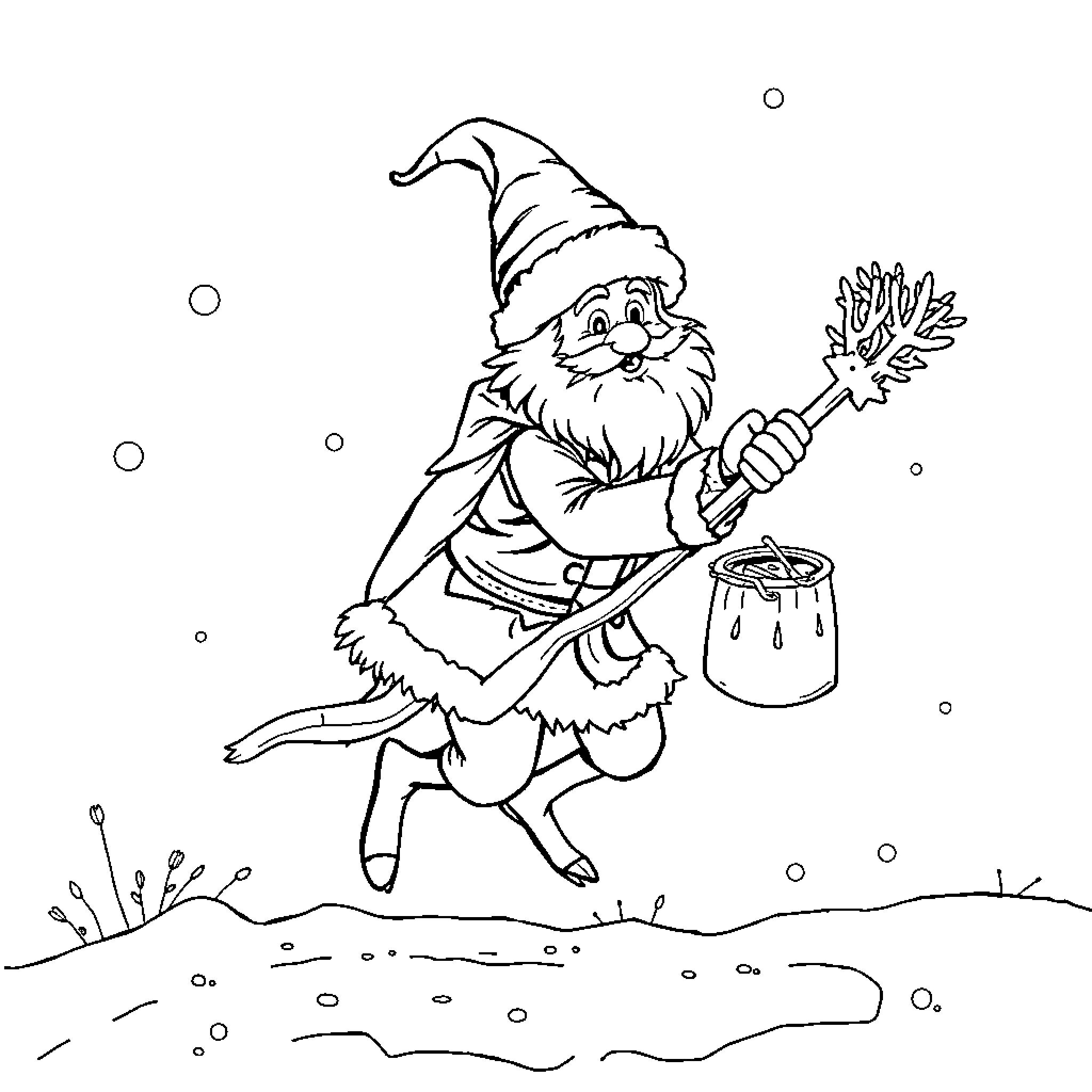 Lutin joyfully spreading winter cheer with a magic wand Coloring Page (free black-and-white line drawing printable PDF for all, from beginners to advanced learners, including children, teens, adults, and seniors)