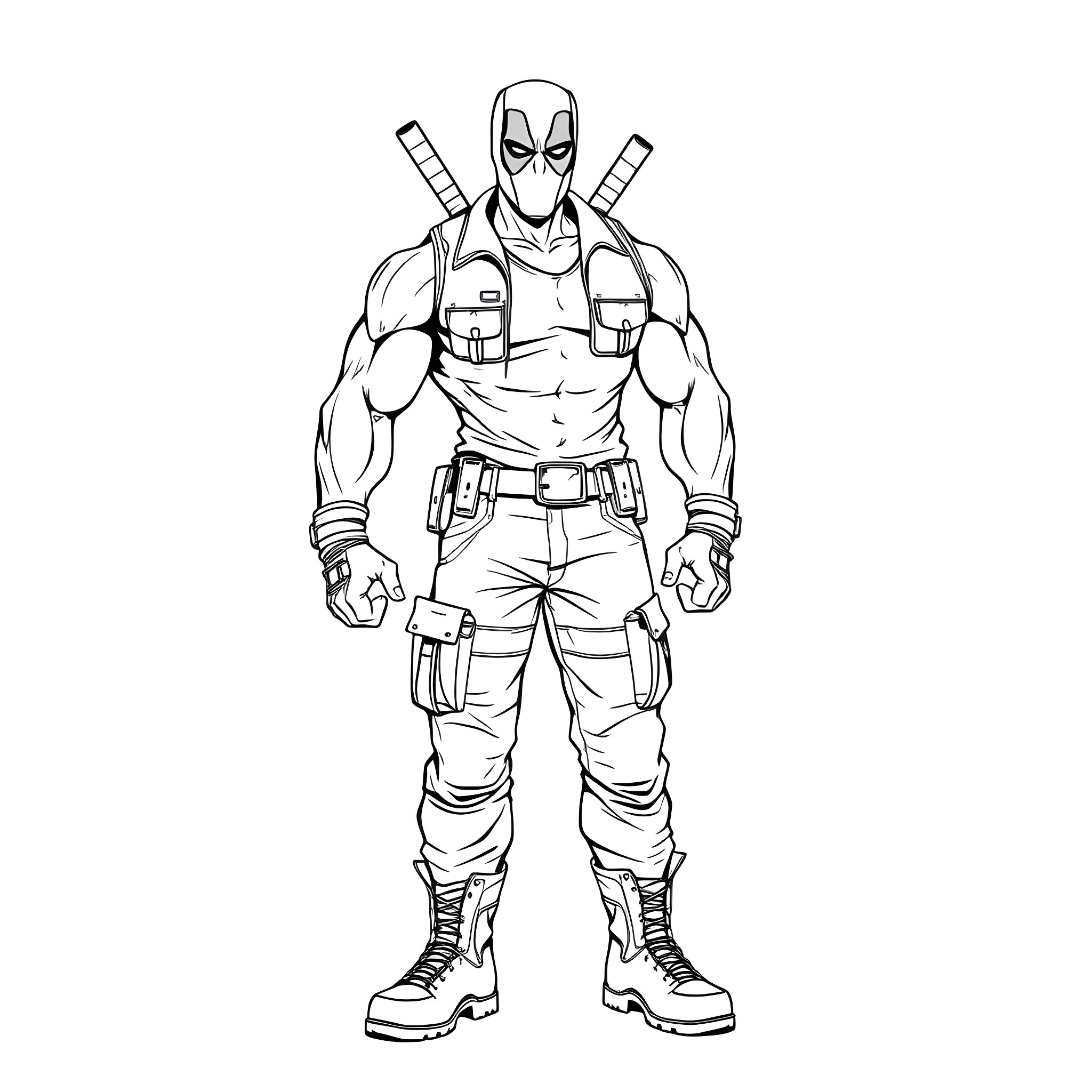 Hulk in Heroic Pose with Weapons Coloring Page (free black-and-white line drawing printable PDF for all, from beginners to advanced learners, including children, teens, adults, and seniors)