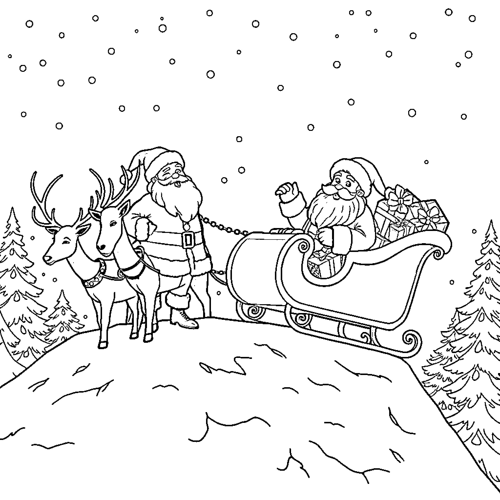 Santa and his reindeer on a snowy winter night Coloring Page (free black-and-white line drawing printable PDF for all, from beginners to advanced learners, including children, teens, adults, and seniors)