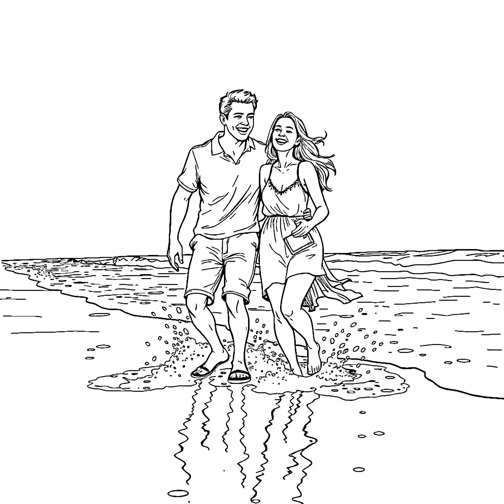Couple strolling together on the beach Coloring Page (free black-and-white line drawing printable PDF for all, from beginners to advanced learners, including children, teens, adults, and seniors)