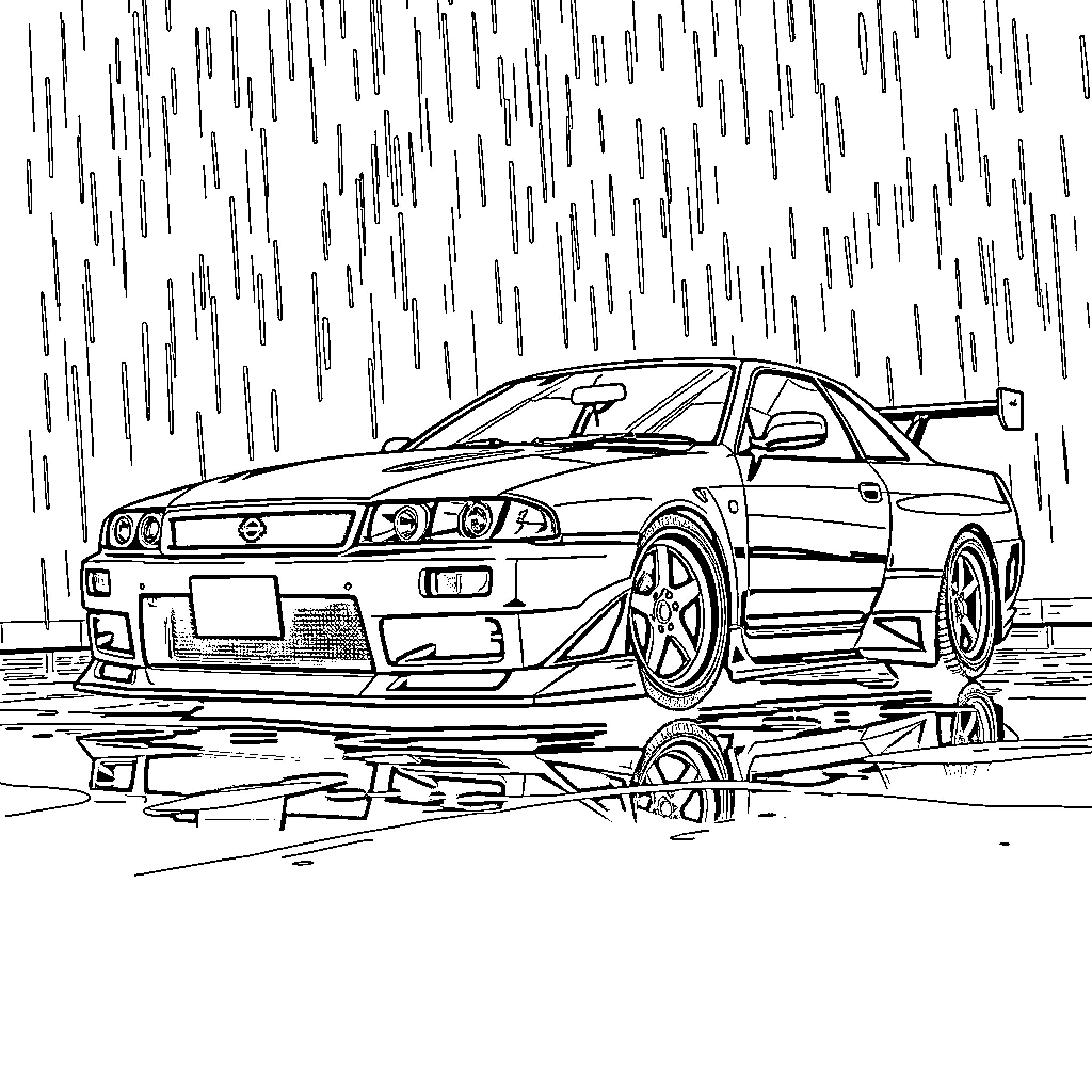 Nissan GTR racing in the rain Coloring Page (free black-and-white line drawing printable PDF for all, from beginners to advanced learners, including children, teens, adults, and seniors)