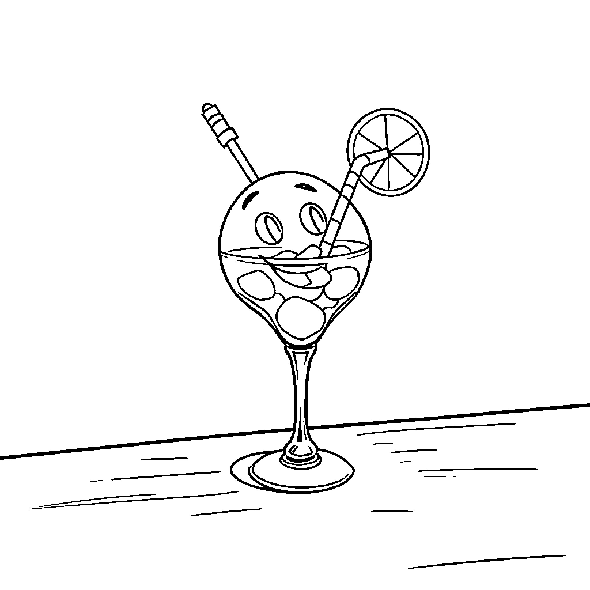 Lightbulb-shaped cocktail with fruit and straw Coloring Page (free black-and-white line drawing printable PDF for all, from beginners to advanced learners, including children, teens, adults, and seniors)