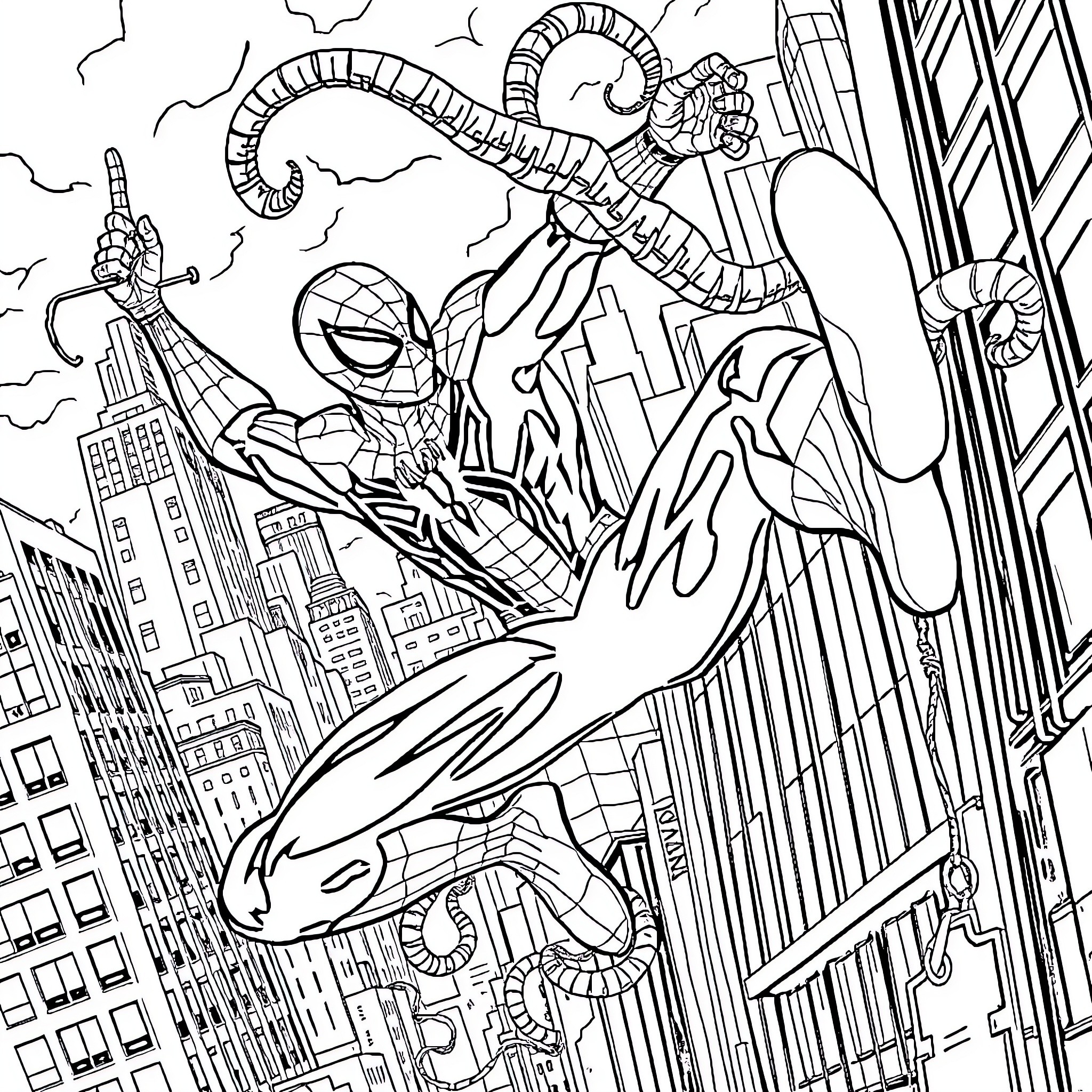 Spiderman swinging through the city skyline Coloring Page (free black-and-white line drawing printable PDF for all, from beginners to advanced learners, including children, teens, adults, and seniors)