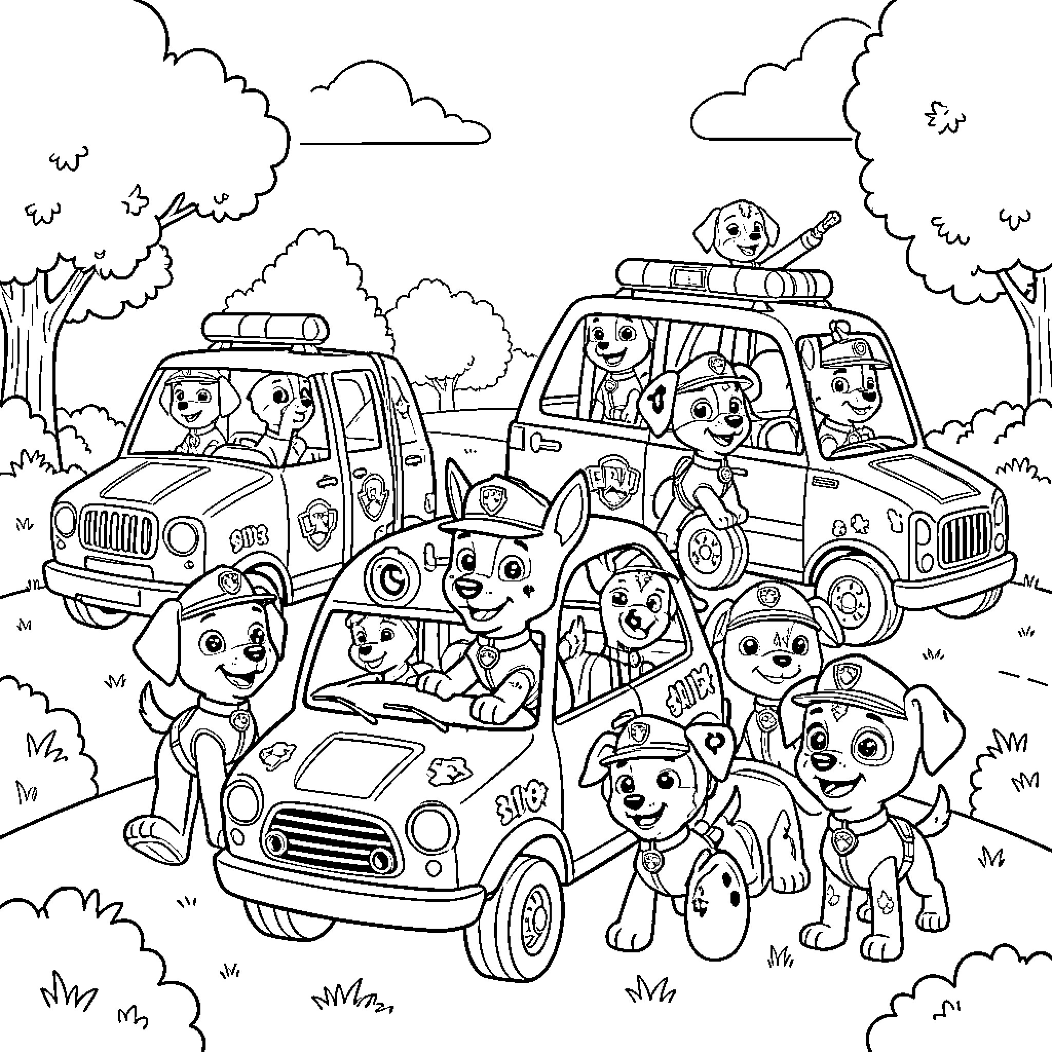 Paw Patrol on an outdoor adventure Coloring Page (free black-and-white line drawing printable PDF for all, from beginners to advanced learners, including children, teens, adults, and seniors)