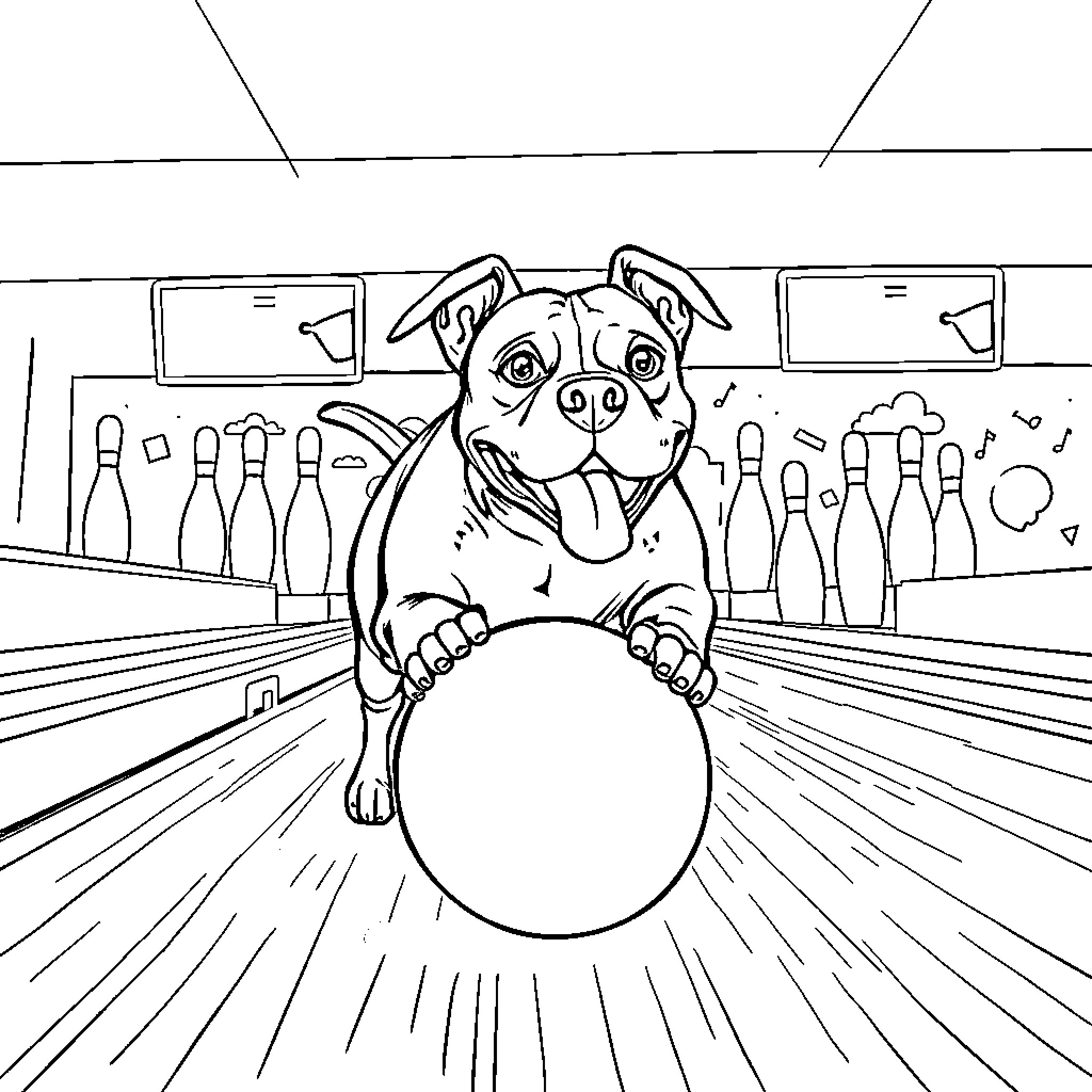 Pitbull playing with bowling ball in alley Coloring Page (free black-and-white line drawing printable PDF for all, from beginners to advanced learners, including children, teens, adults, and seniors)