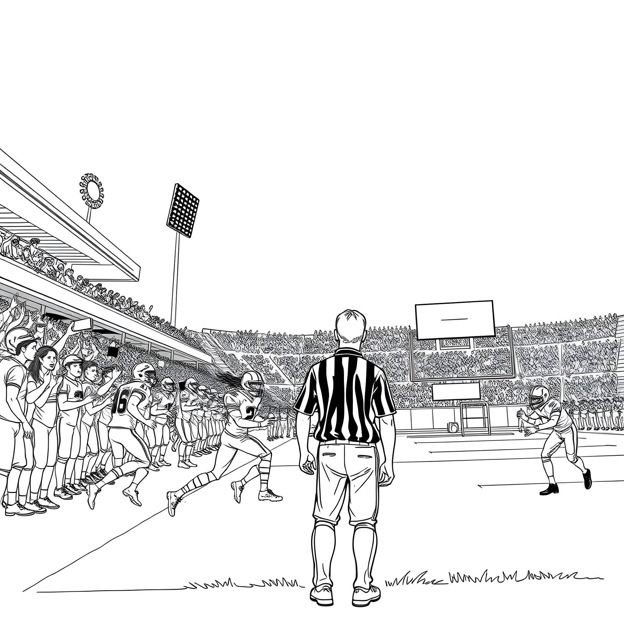 NFL Referee Overseeing an Intense Football Game Coloring Page (free black-and-white line drawing printable PDF for all, from beginners to advanced learners, including children, teens, adults, and seniors)