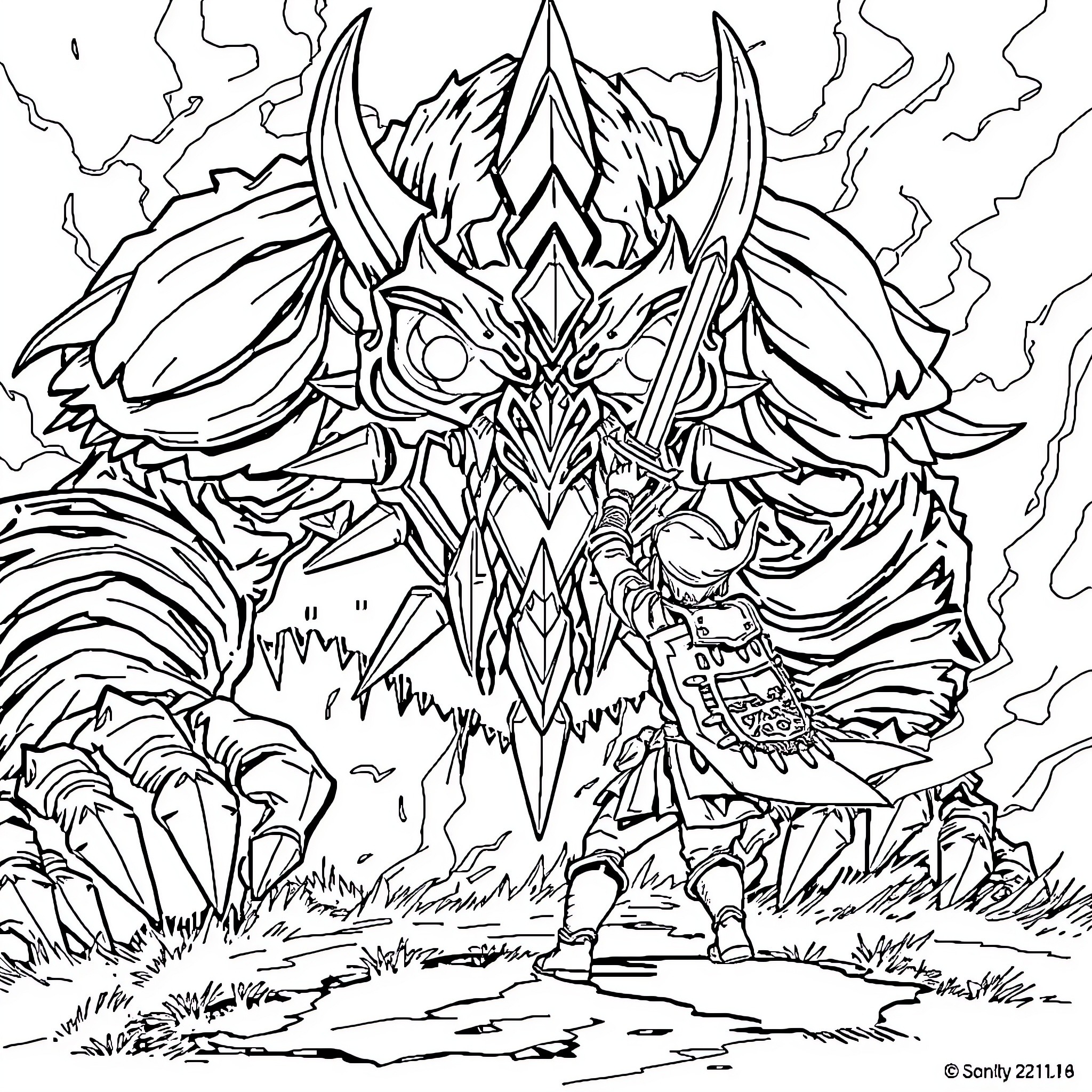 Link Facing Fierce Mythical Creature in Mystical Landscape Coloring Page (free black-and-white line drawing printable PDF for all, from beginners to advanced learners, including children, teens, adults, and seniors)