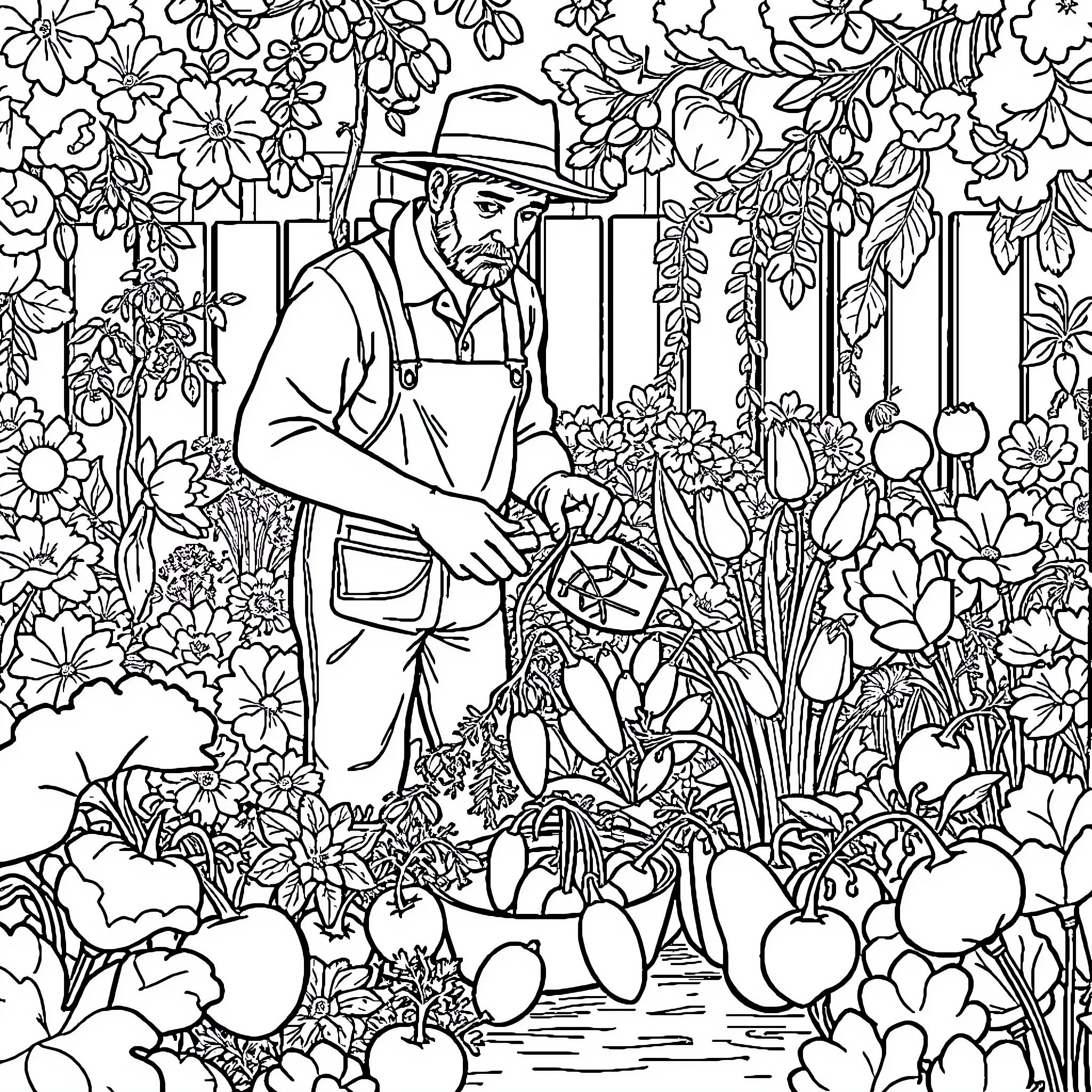 Carrot Farmer Tending to His Lush Garden Coloring Page (free black-and-white line drawing printable PDF for all, from beginners to advanced learners, including children, teens, adults, and seniors)