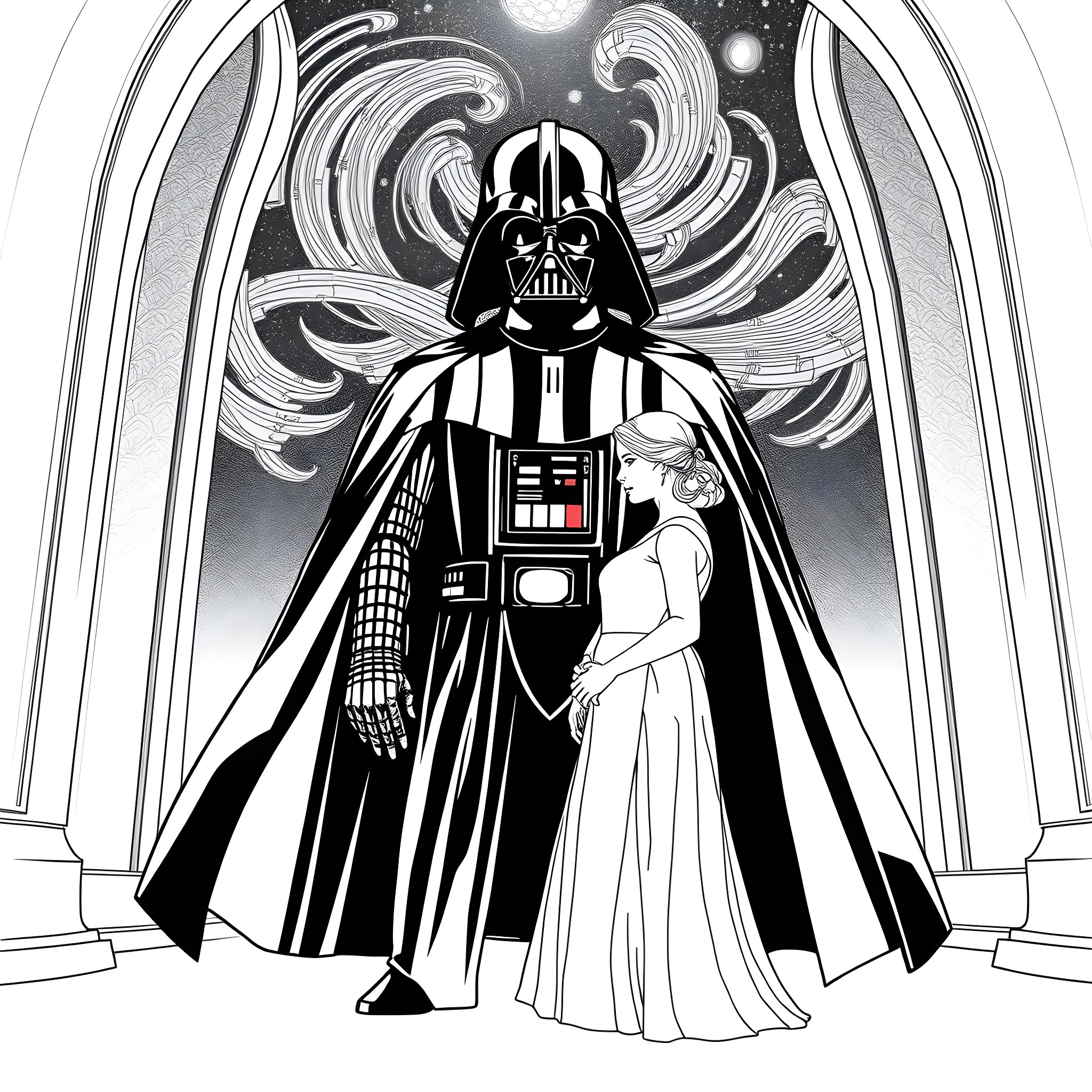 Darth Vader's Majestic Presence in the Galactic Empire Coloring Page (free black-and-white line drawing printable PDF for all, from beginners to advanced learners, including children, teens, adults, and seniors)