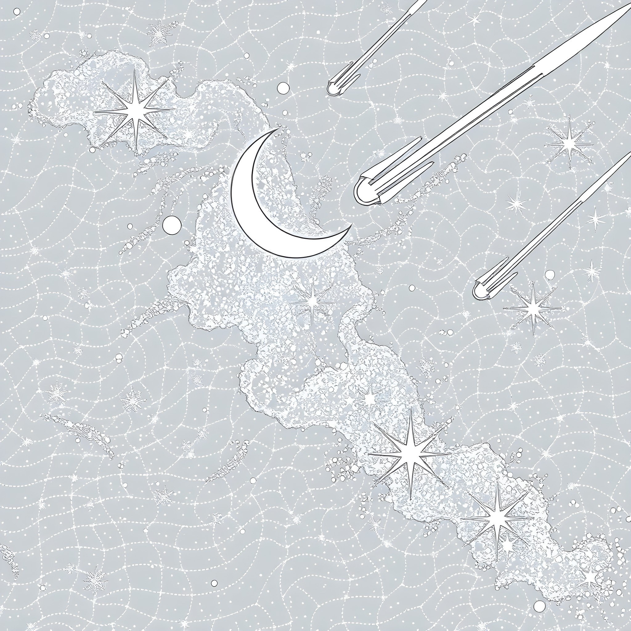 Galaxy of Shooting Stars and Crescent Moon Coloring Page (free black-and-white line drawing printable PDF for all, from beginners to advanced learners, including children, teens, adults, and seniors)