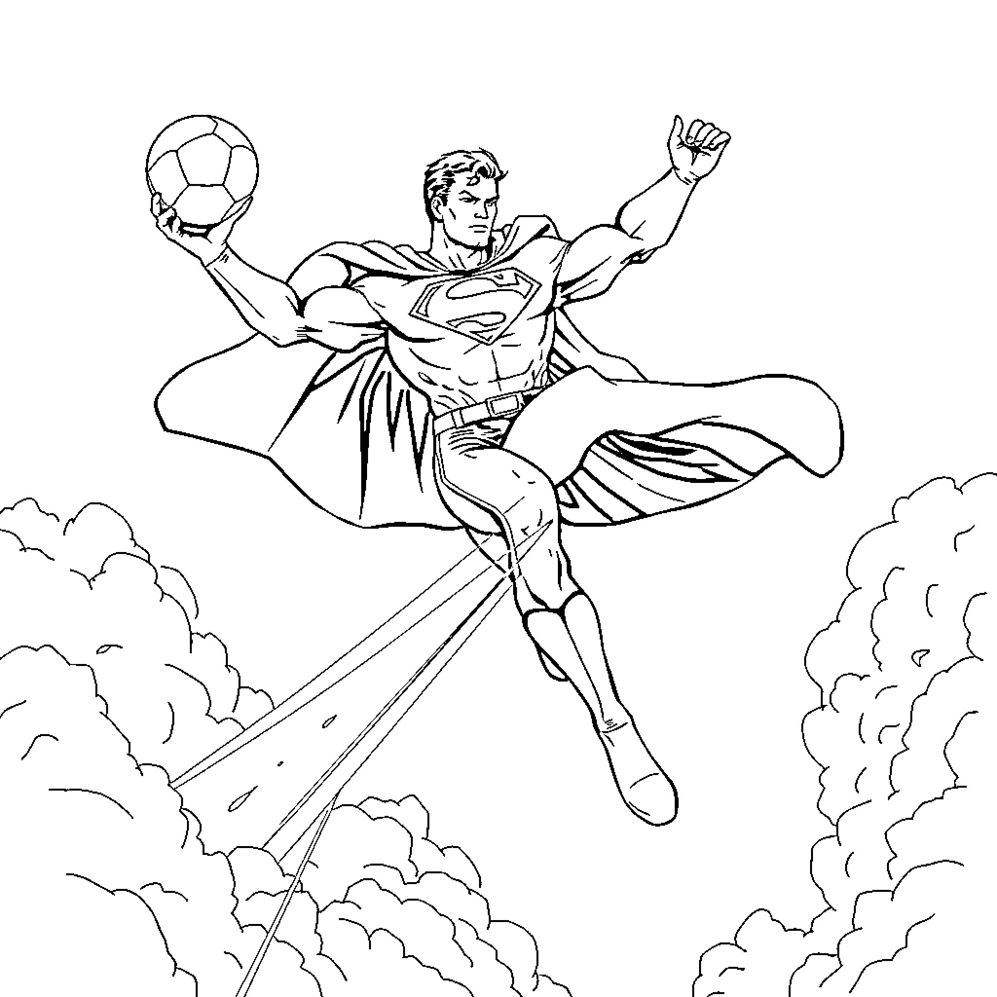 Superman flying through the clouds while holding a ball Coloring Page (free black-and-white line drawing printable PDF for all, from beginners to advanced learners, including children, teens, adults, and seniors)