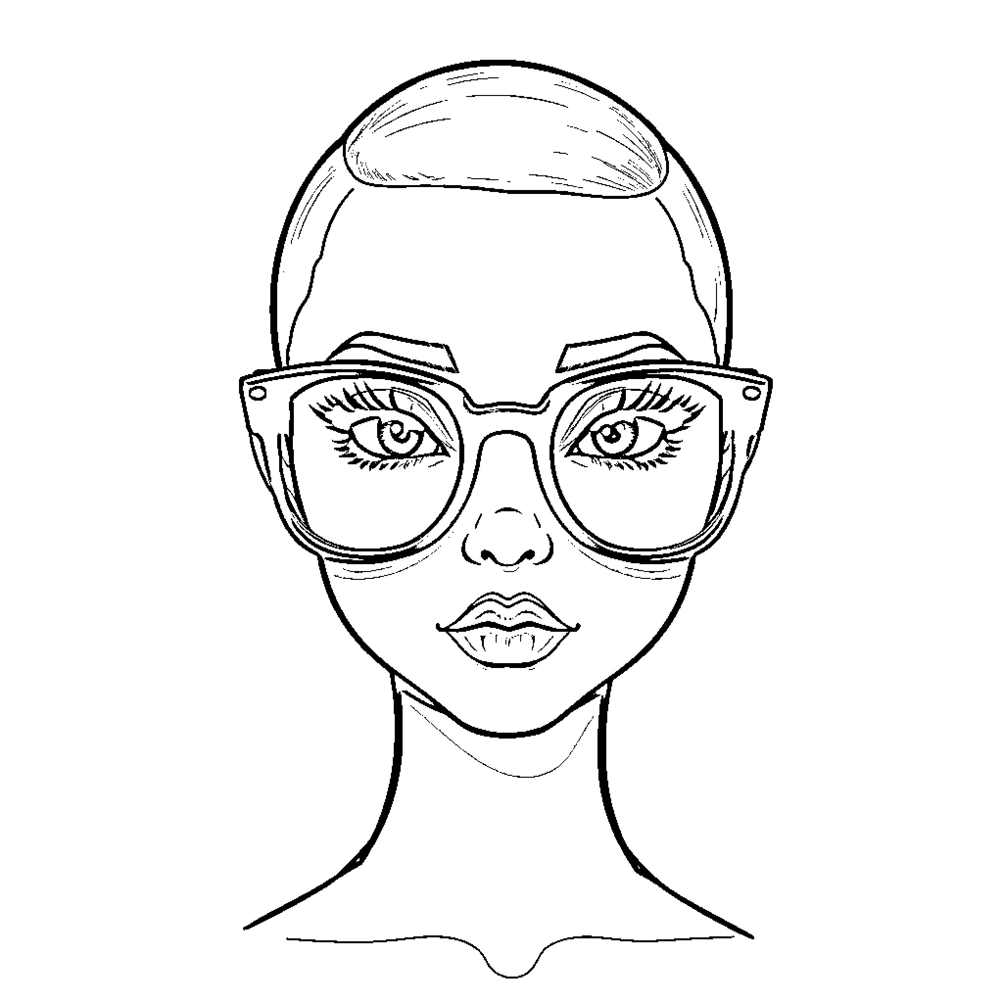 Woman wearing trendy eyeglasses Coloring Page (free black-and-white line drawing printable PDF for all, from beginners to advanced learners, including children, teens, adults, and seniors)