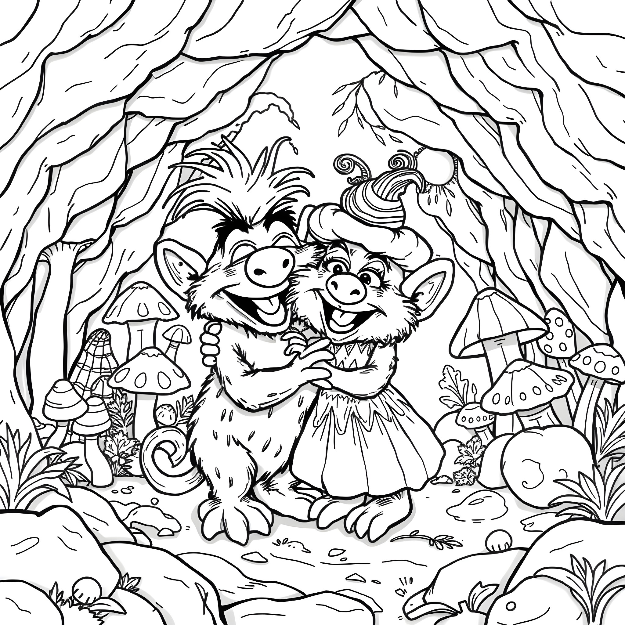 Fraggle friends exploring the enchanted forest Coloring Page (free black-and-white line drawing printable PDF for all, from beginners to advanced learners, including children, teens, adults, and seniors)