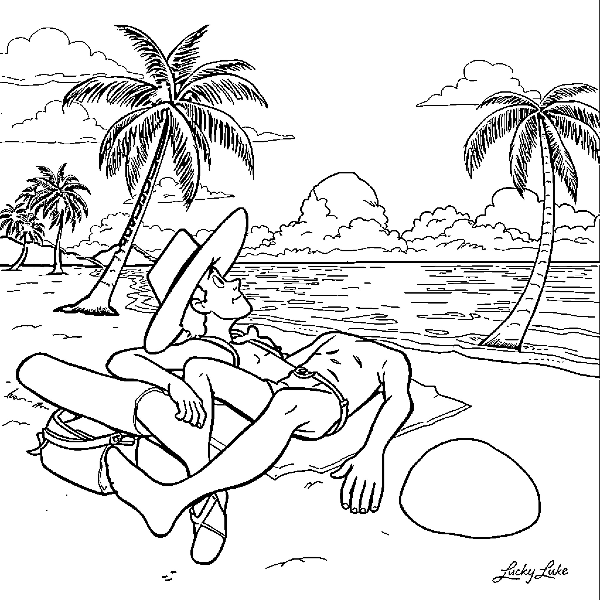 Lucky Luke relaxing on a tropical beach Coloring Page (free black-and-white line drawing printable PDF for all, from beginners to advanced learners, including children, teens, adults, and seniors)