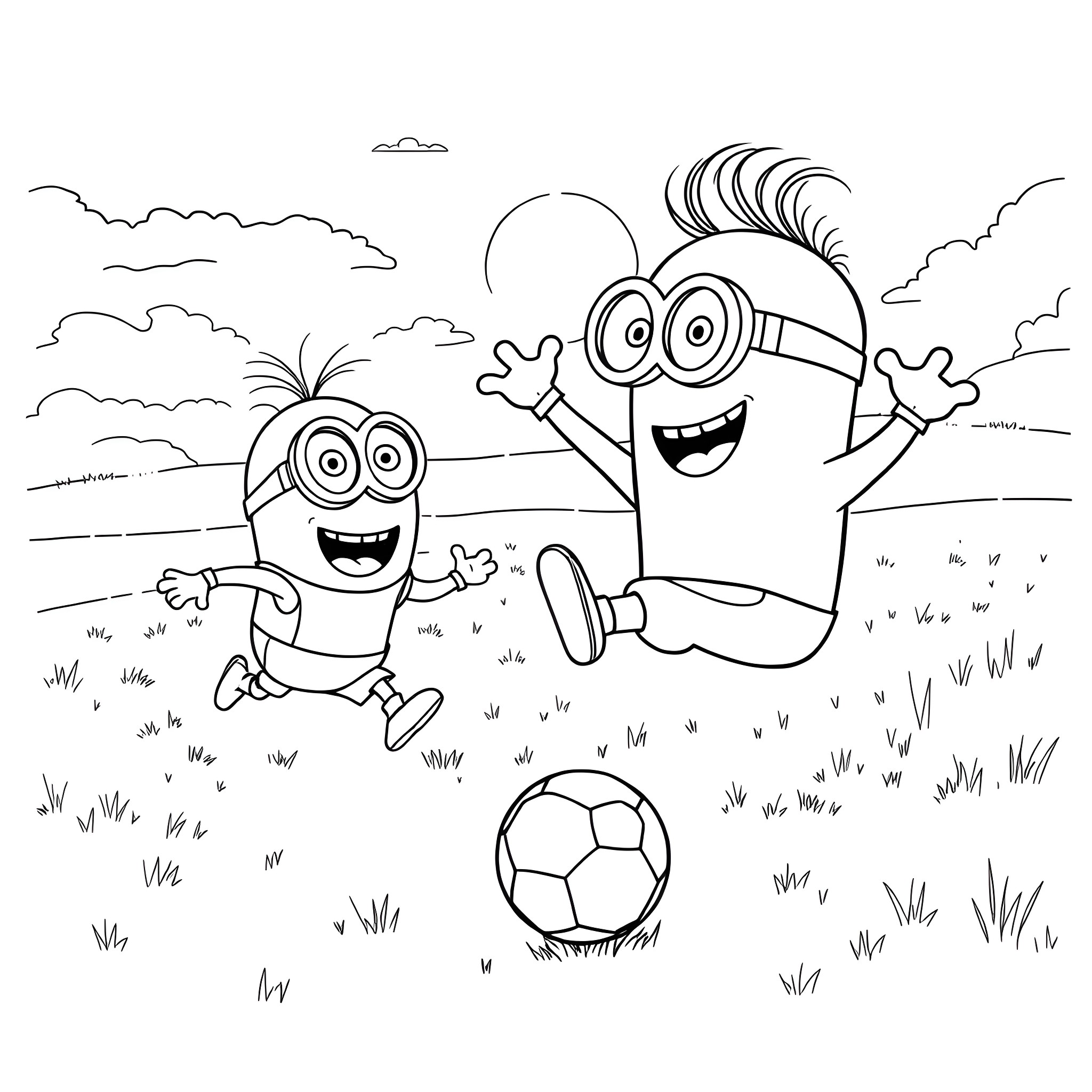 Bluey Minions playing joyfully on the field Coloring Page (free black-and-white line drawing printable PDF for all, from beginners to advanced learners, including children, teens, adults, and seniors)