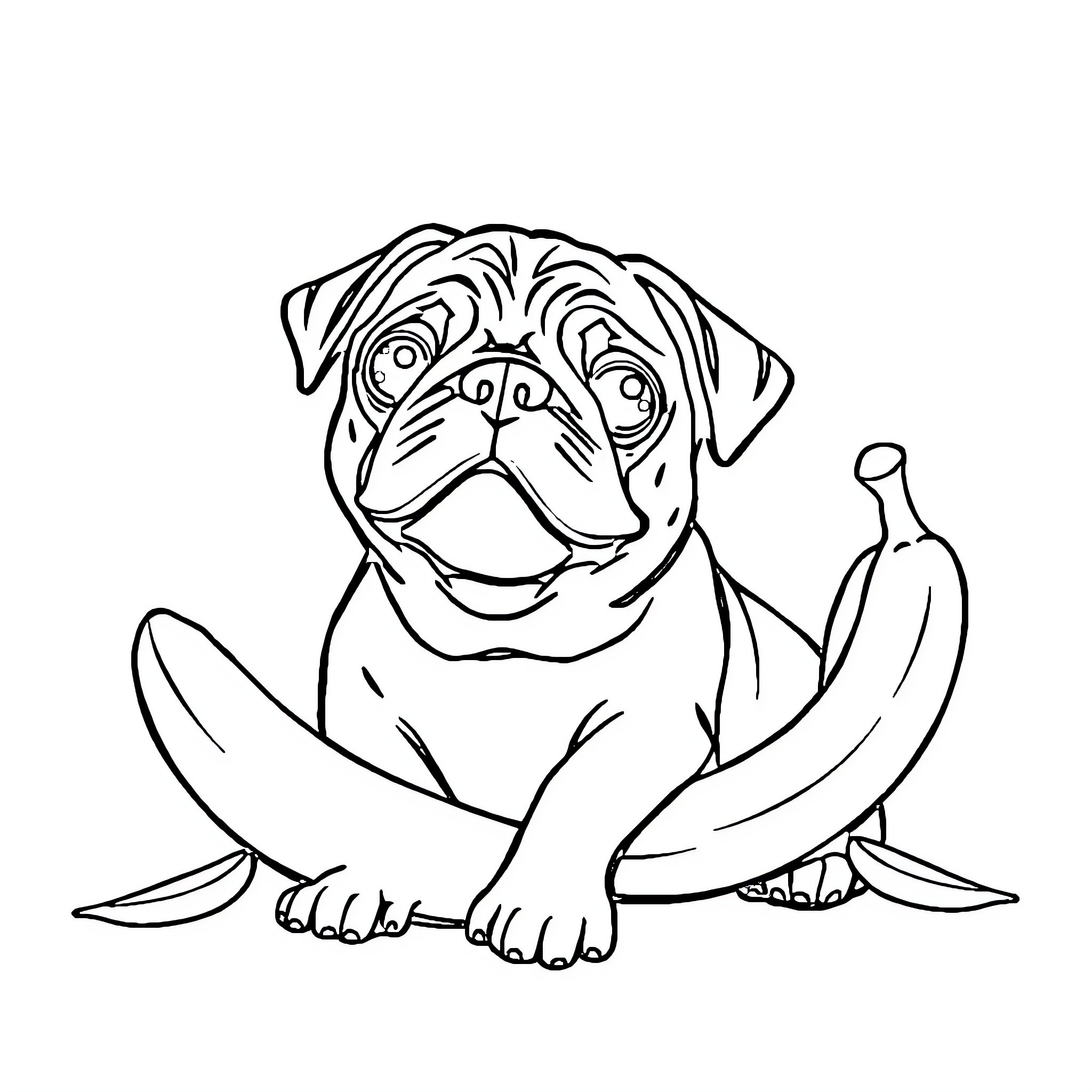 Pug enjoying a banana snack Coloring Page (free black-and-white line drawing printable PDF for all, from beginners to advanced learners, including children, teens, adults, and seniors)
