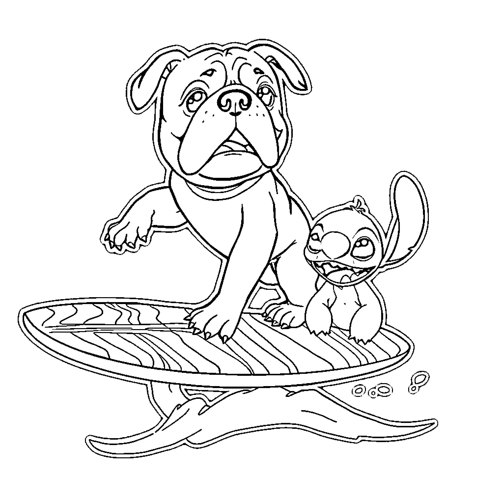 Bulldog and Stitch Surfing Together Coloring Page (free black-and-white line drawing printable PDF for all, from beginners to advanced learners, including children, teens, adults, and seniors)