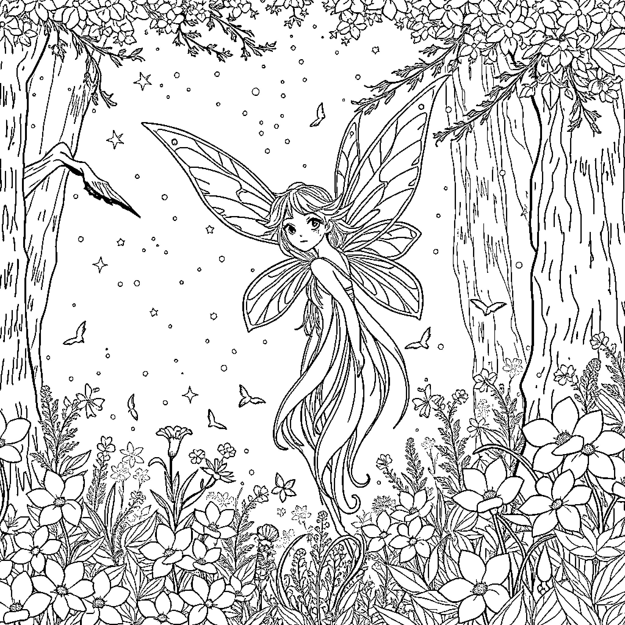 Fairy dancing in the enchanted forest Coloring Page (free black-and-white line drawing printable PDF for all, from beginners to advanced learners, including children, teens, adults, and seniors)