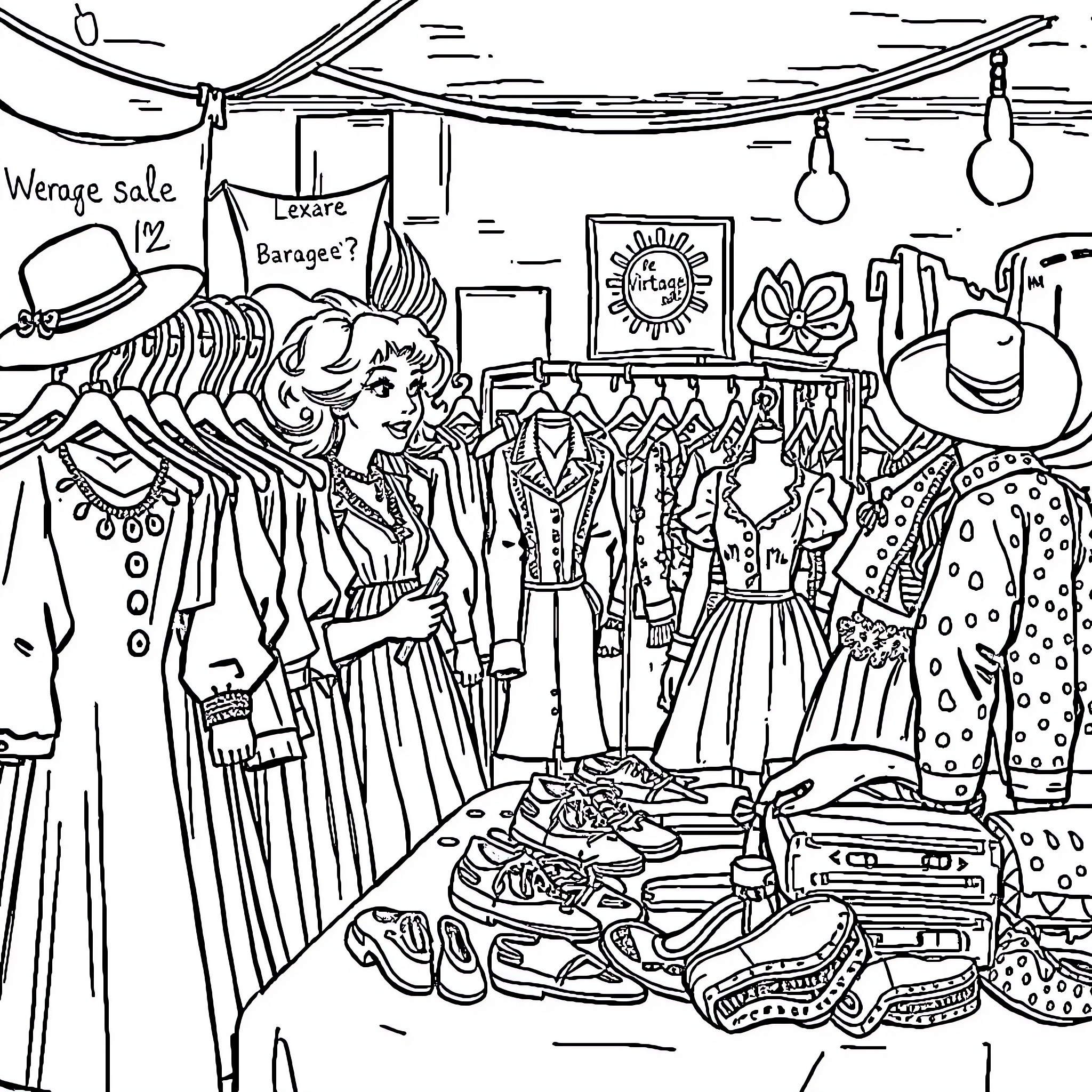Reseller showcasing a vibrant collection of vintage fashion Coloring Page (free black-and-white line drawing printable PDF for all, from beginners to advanced learners, including children, teens, adults, and seniors)