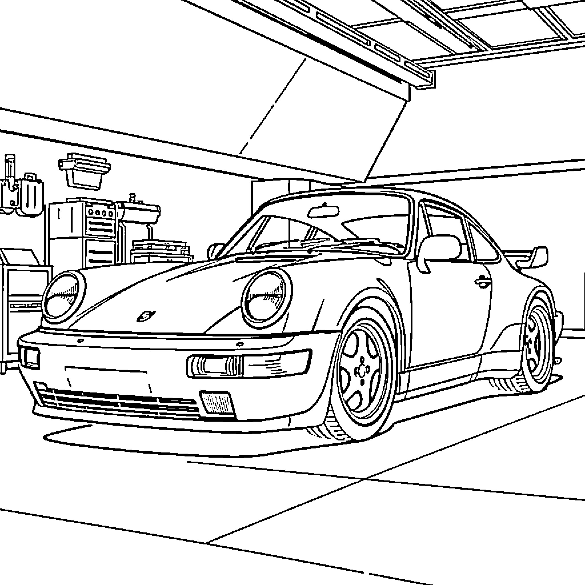 Porsche sports car in garage workshop Coloring Page (free black-and-white line drawing printable PDF for all, from beginners to advanced learners, including children, teens, adults, and seniors)