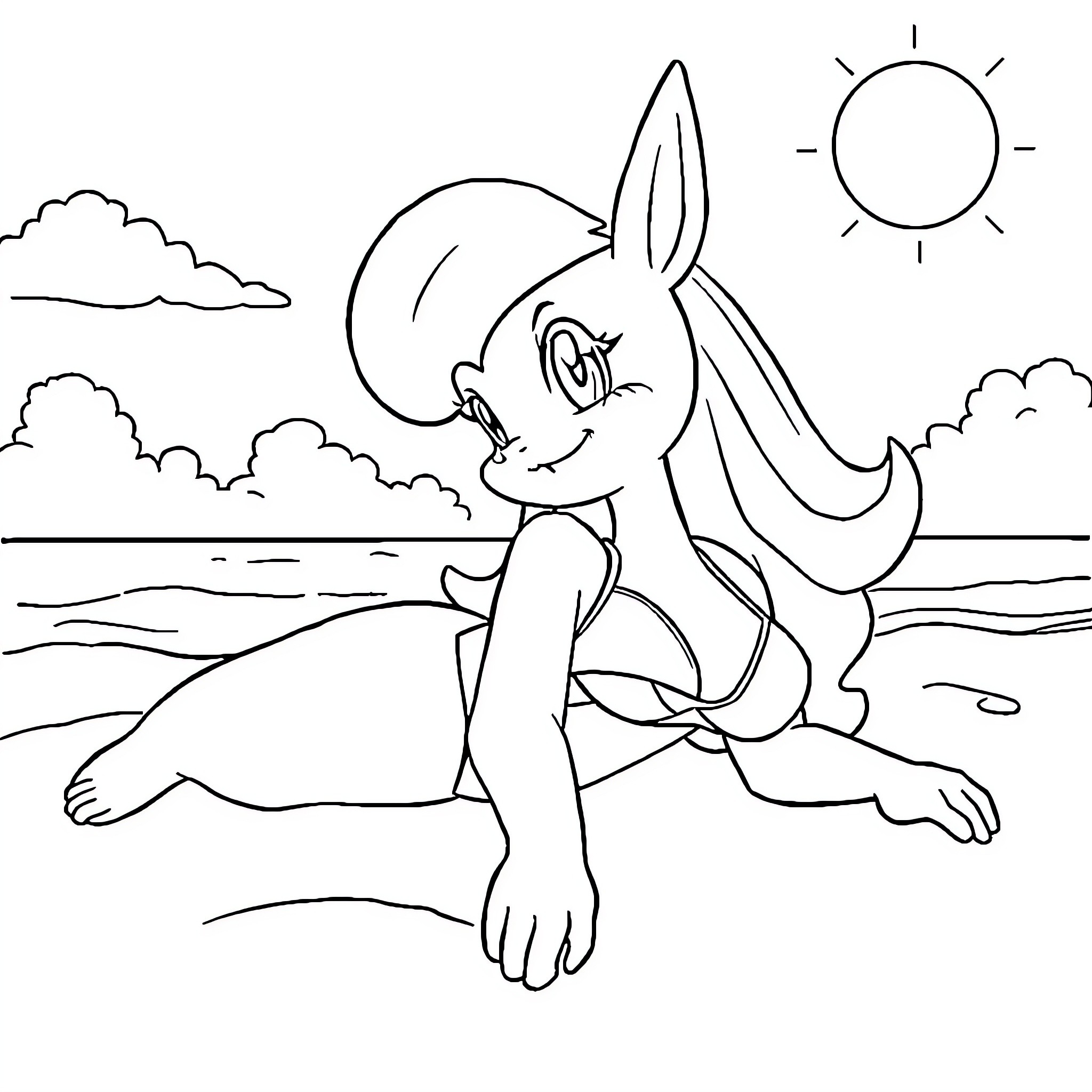 Misty Bunny by the Sunny Beach Coloring Page (free black-and-white line drawing printable PDF for all, from beginners to advanced learners, including children, teens, adults, and seniors)