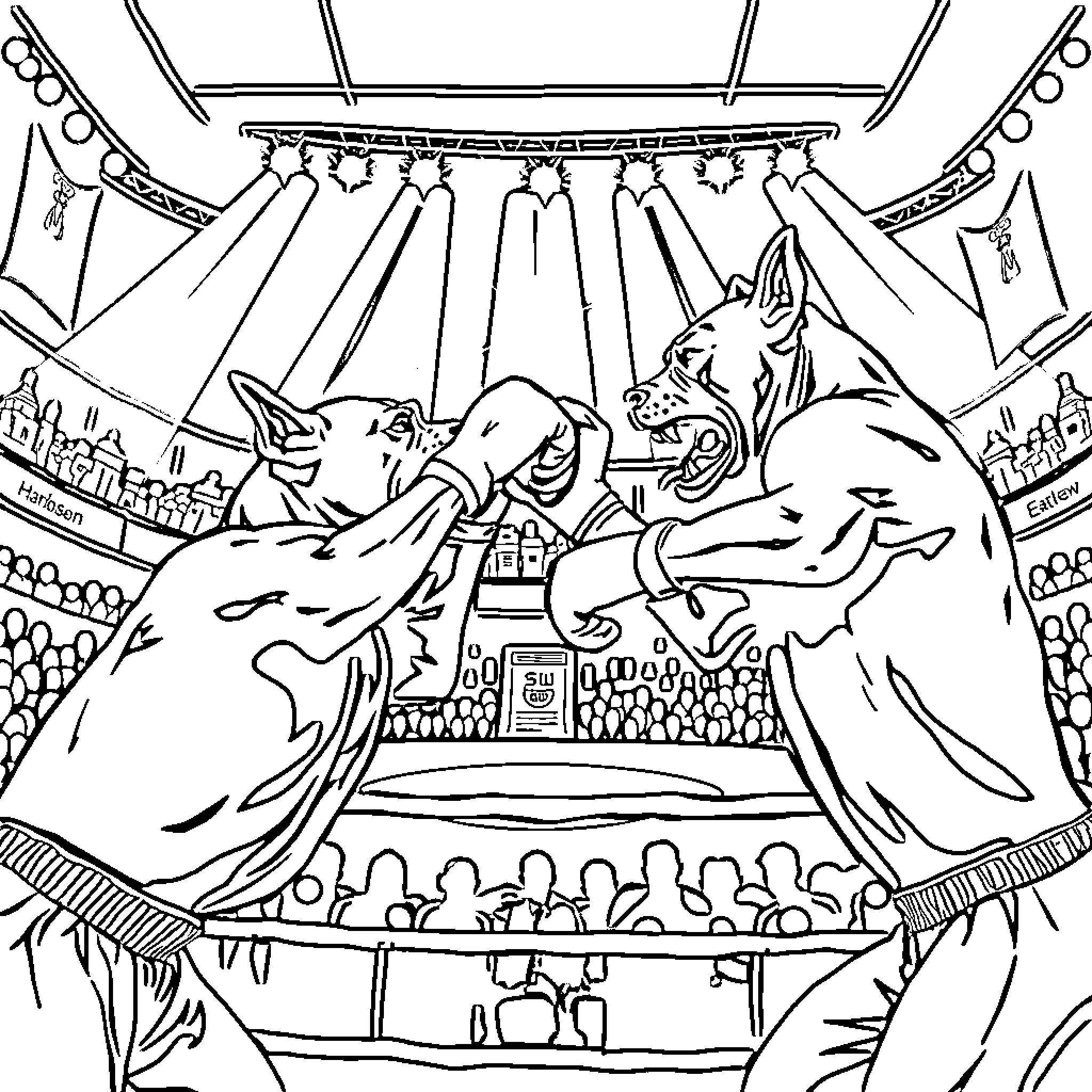 Dogs performing in a circus show Coloring Page (free black-and-white line drawing printable PDF for all, from beginners to advanced learners, including children, teens, adults, and seniors)