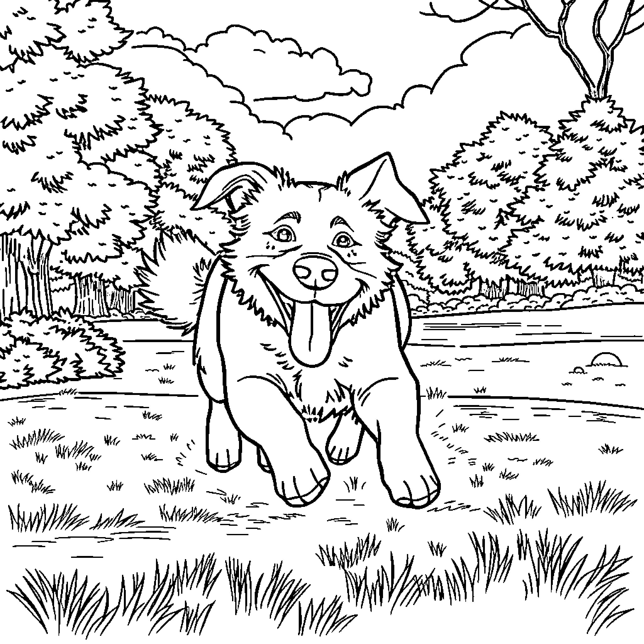 Dog exploring the forest scenery Coloring Page (free black-and-white line drawing printable PDF for all, from beginners to advanced learners, including children, teens, adults, and seniors)