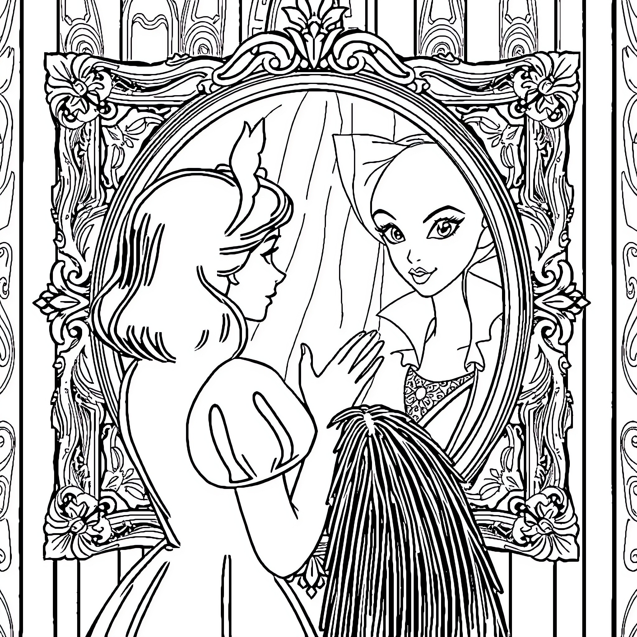 Snow White admiring herself in the mirror Coloring Page (free black-and-white line drawing printable PDF for all, from beginners to advanced learners, including children, teens, adults, and seniors)