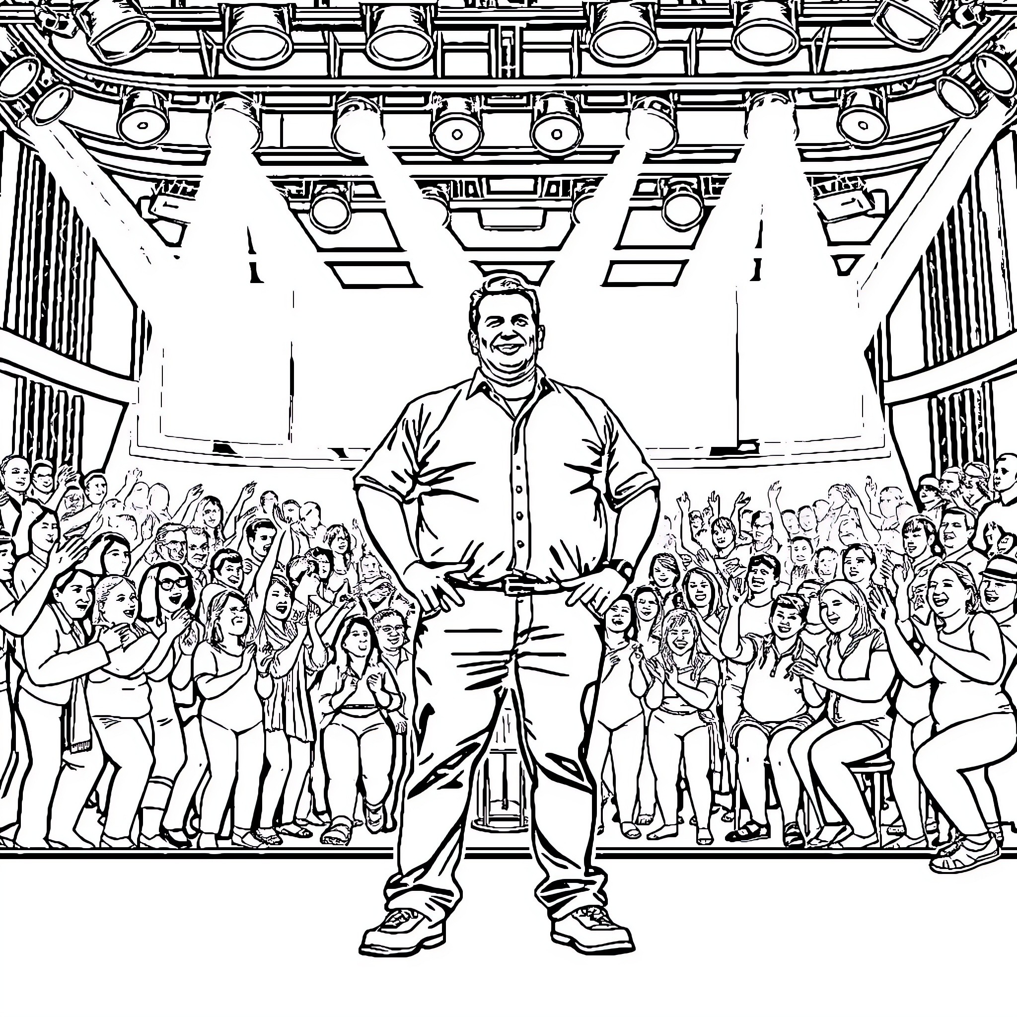 Rob Guiry standing on stage with audience Coloring Page (free black-and-white line drawing printable PDF for all, from beginners to advanced learners, including children, teens, adults, and seniors)