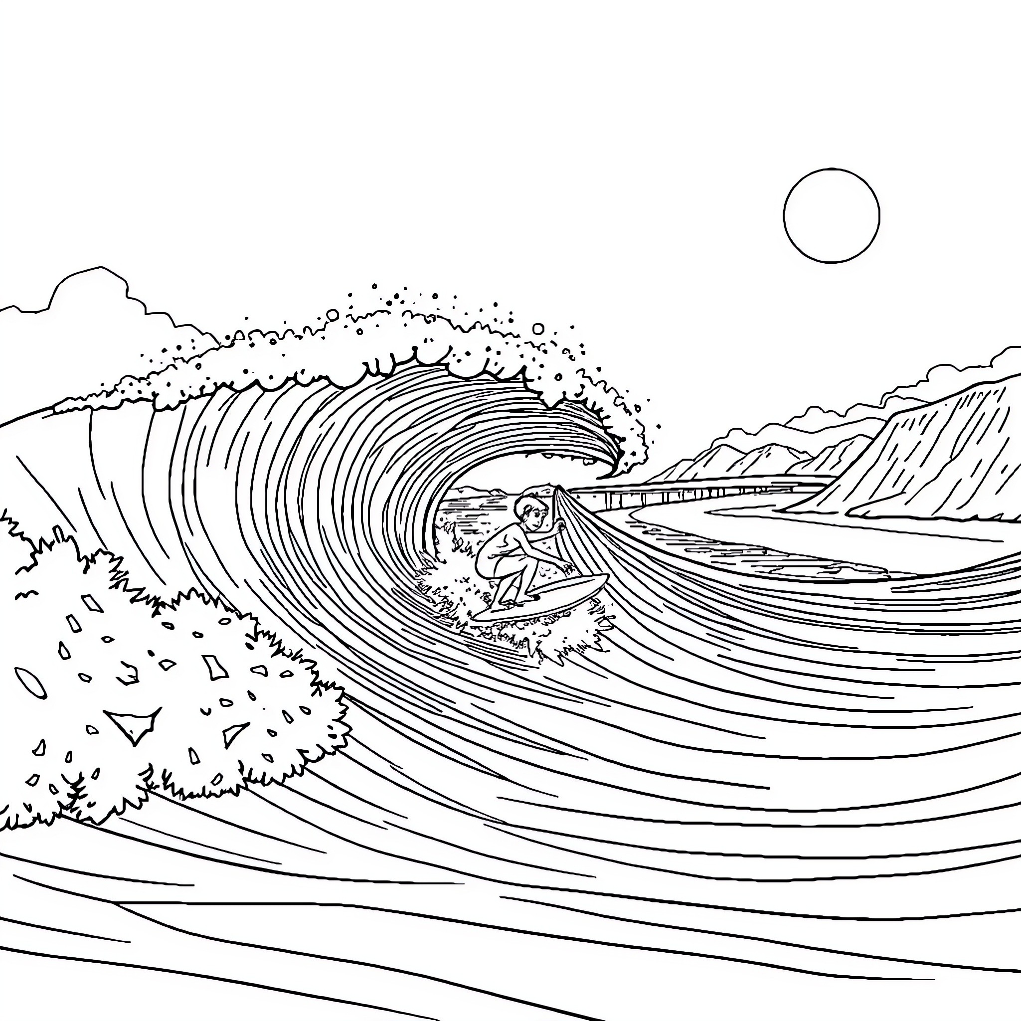 Surfer riding majestic ocean wave Coloring Page (free black-and-white line drawing printable PDF for all, from beginners to advanced learners, including children, teens, adults, and seniors)