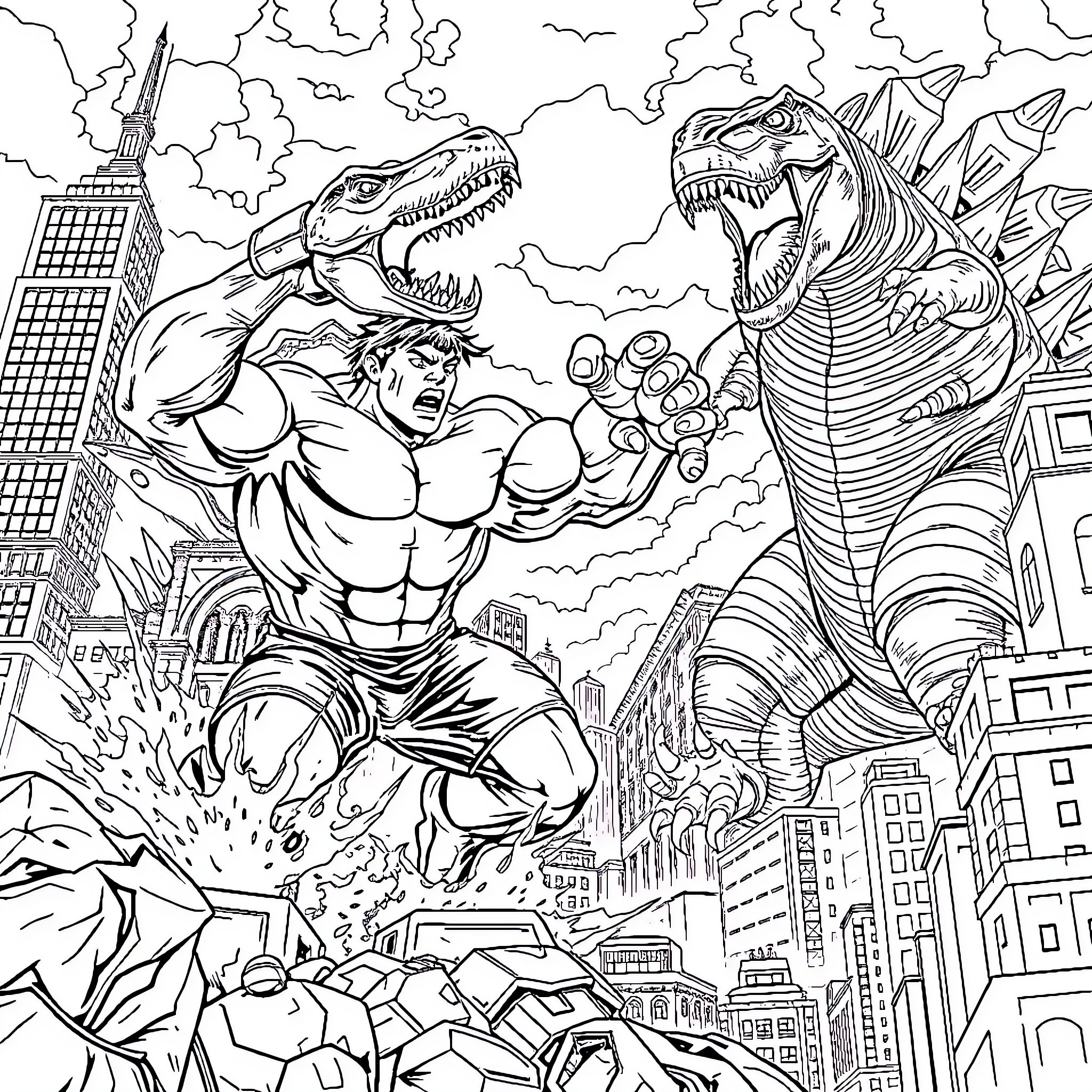 Hulk battling a monstrous creature in the city Coloring Page (free black-and-white line drawing printable PDF for all, from beginners to advanced learners, including children, teens, adults, and seniors)