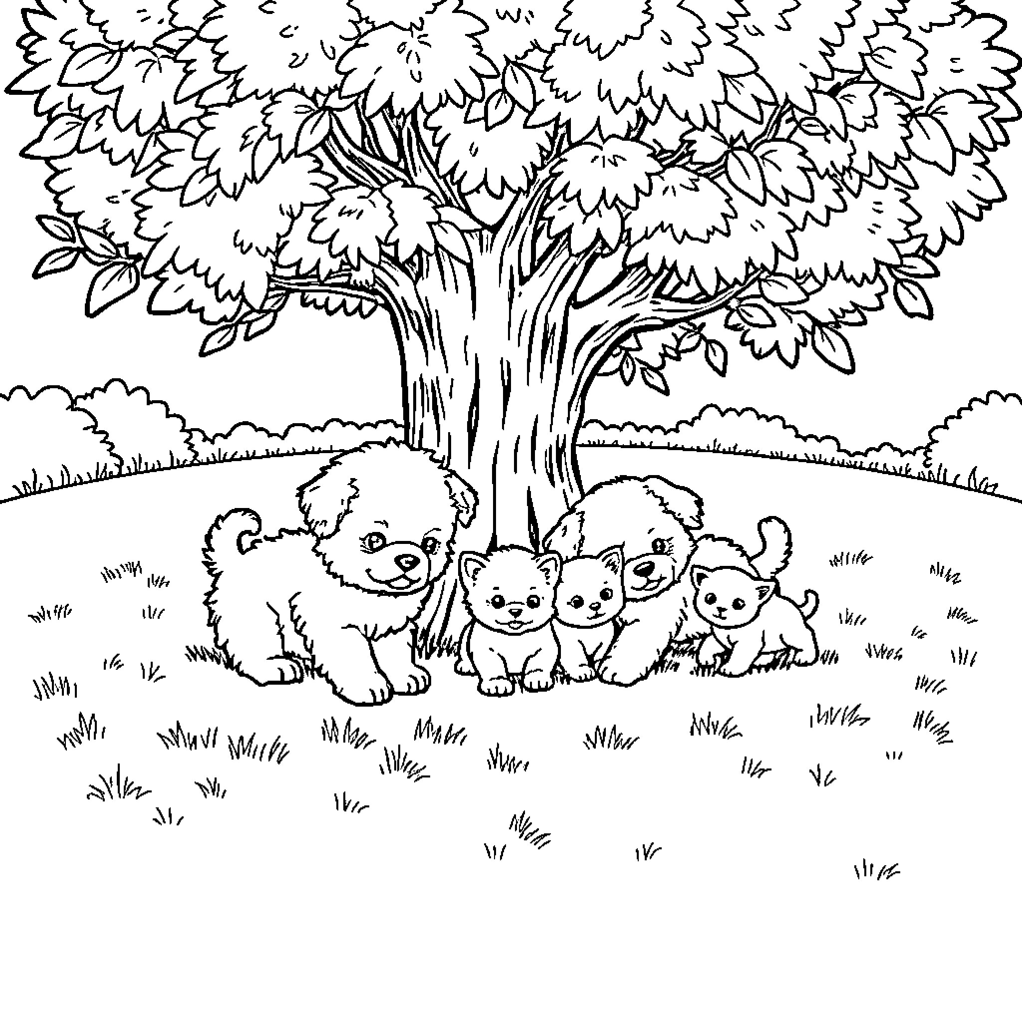 Puppy Playing Joyfully Under a Tall Tree Coloring Page (free black-and-white line drawing printable PDF for all, from beginners to advanced learners, including children, teens, adults, and seniors)