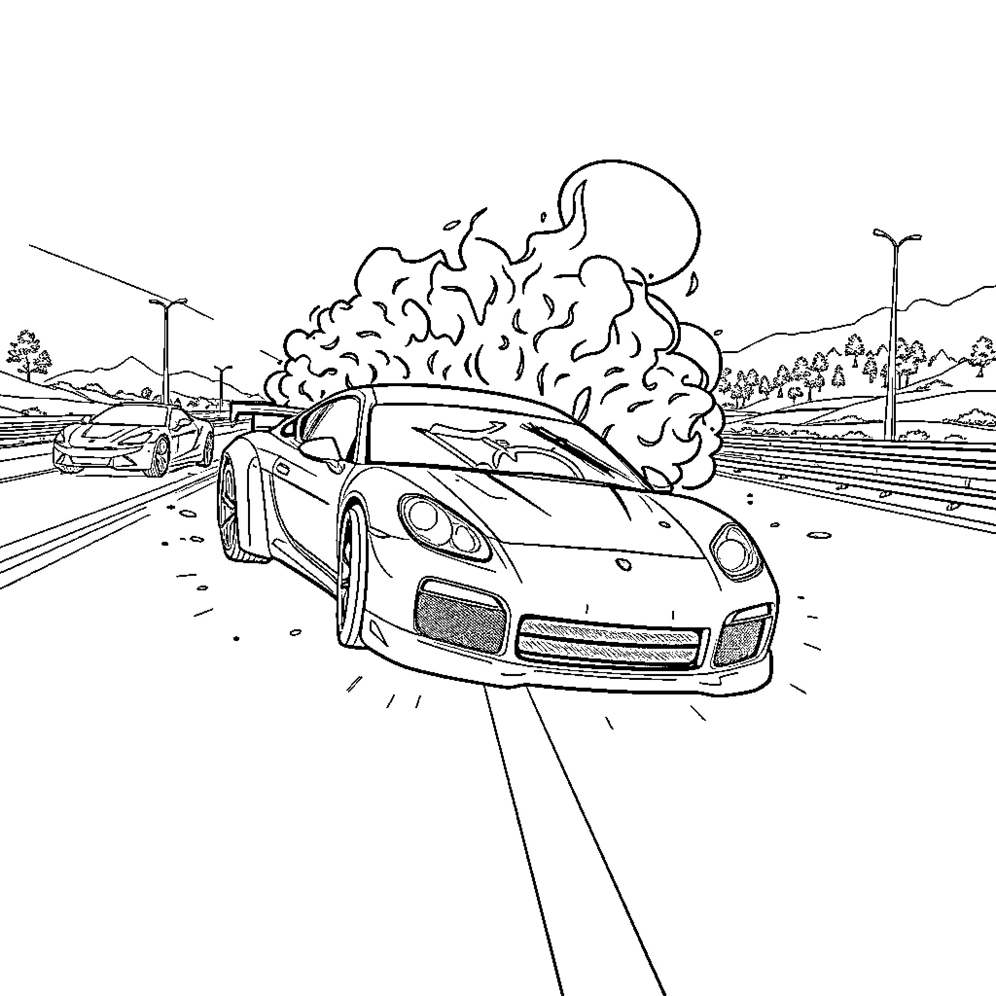 BeamNG car crash on the highway Coloring Page (free black-and-white line drawing printable PDF for all, from beginners to advanced learners, including children, teens, adults, and seniors)