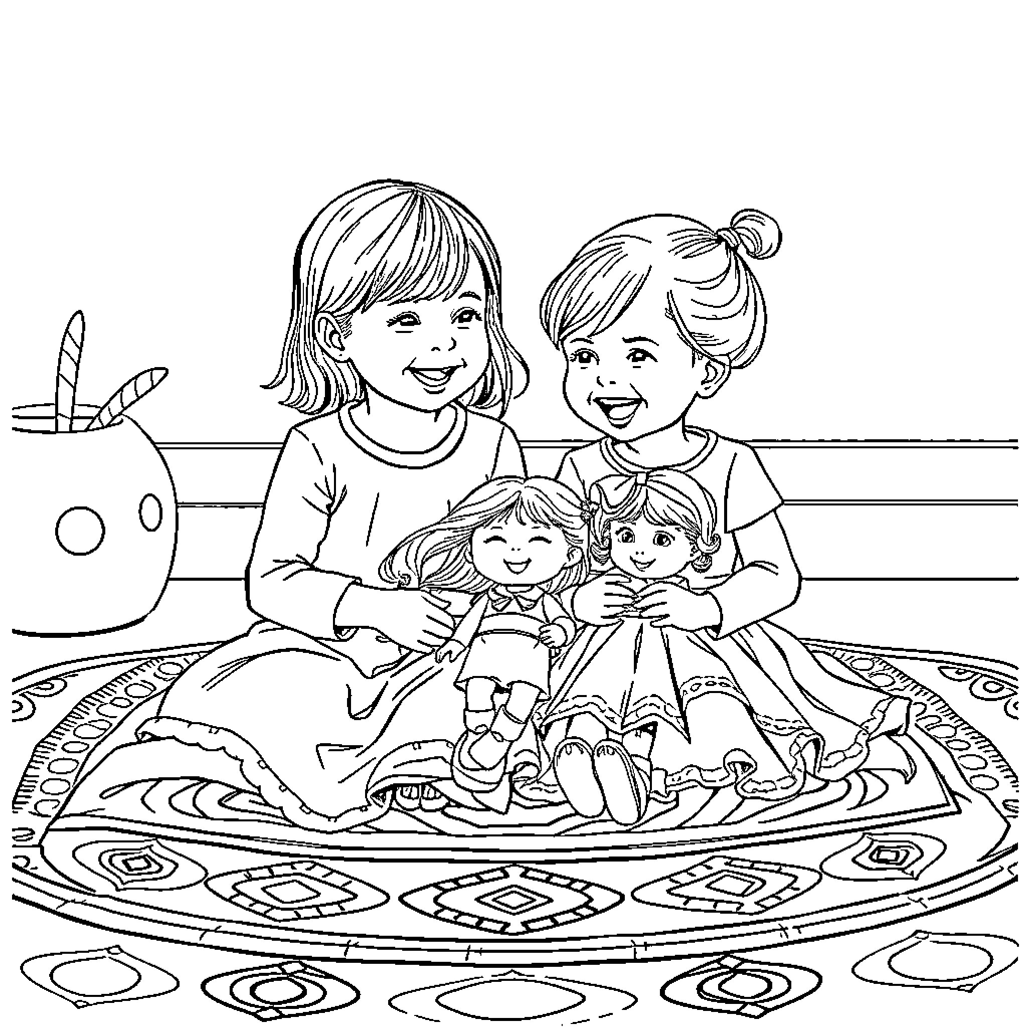 Sisters sharing dolls and playtime together Coloring Page (free black-and-white line drawing printable PDF for all, from beginners to advanced learners, including children, teens, adults, and seniors)