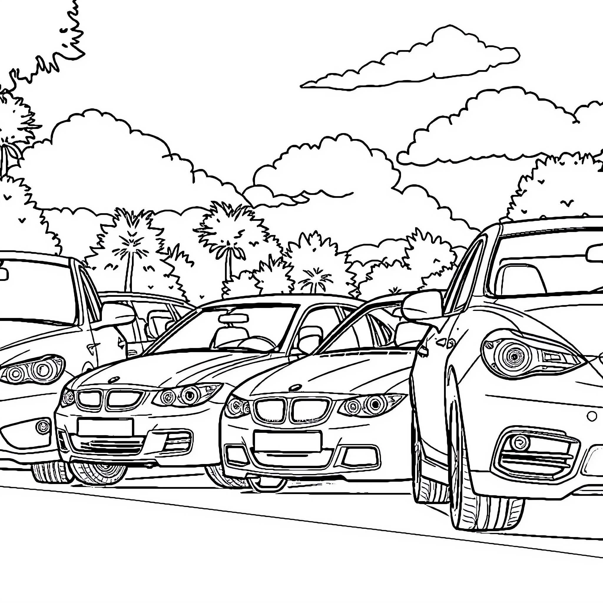 Car Dealership with Various Models Displayed Coloring Page (free black-and-white line drawing printable PDF for all, from beginners to advanced learners, including children, teens, adults, and seniors)