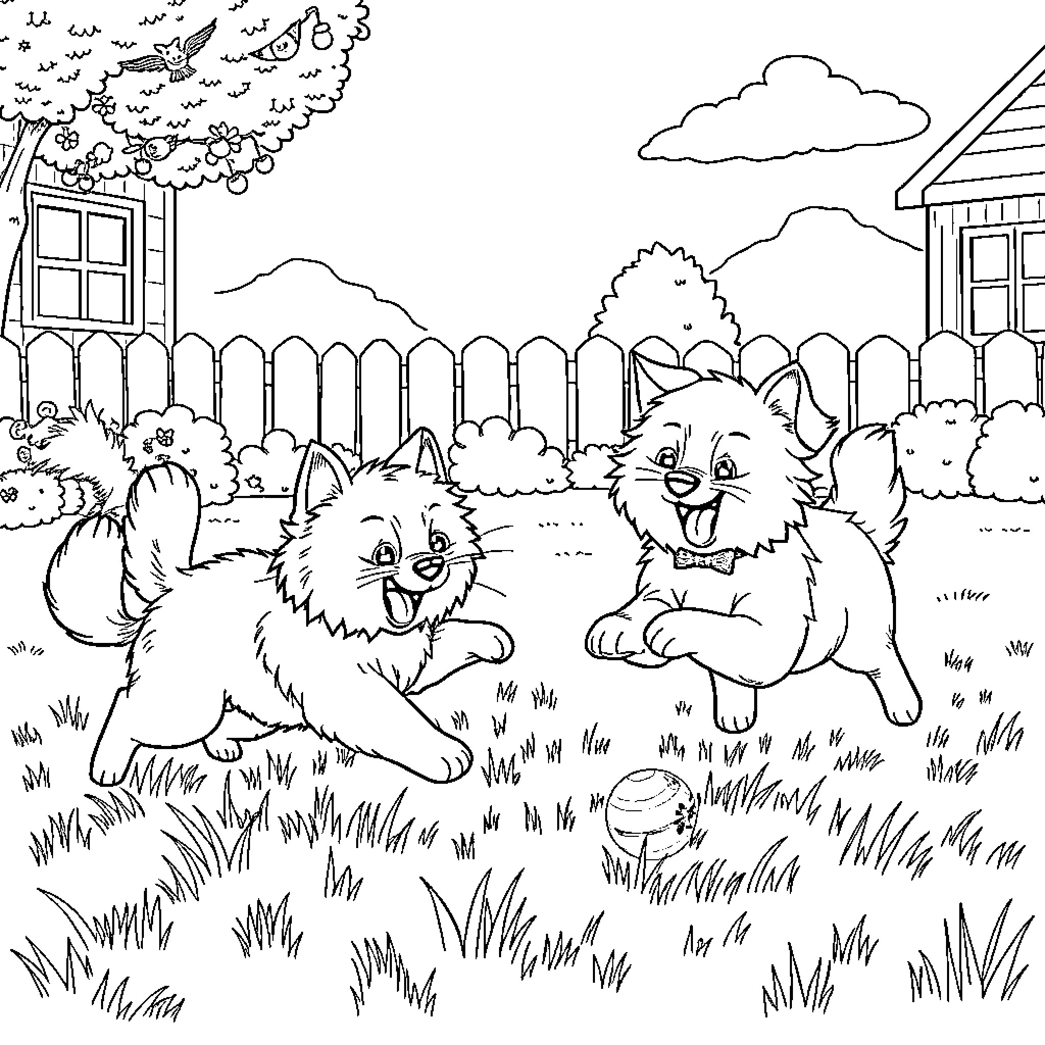 Cats Playing Cheerfully in the Backyard Coloring Page (free black-and-white line drawing printable PDF for all, from beginners to advanced learners, including children, teens, adults, and seniors)