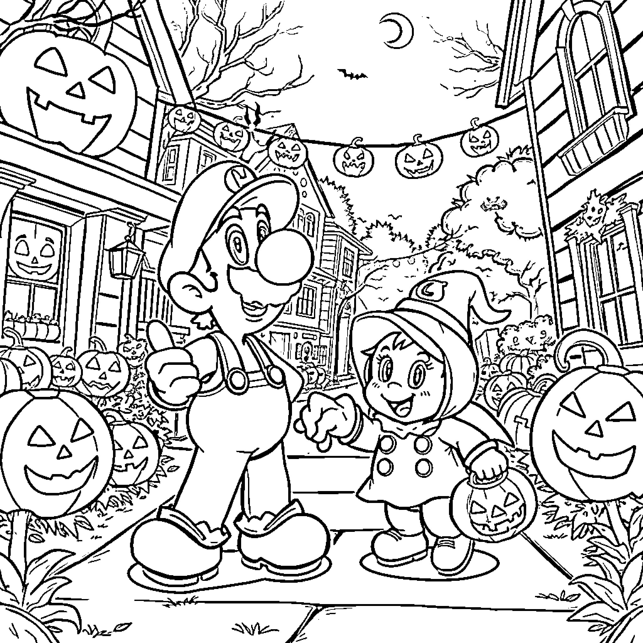 Luigi's Halloween Adventure in the Spooky Town Coloring Page (free black-and-white line drawing printable PDF for all, from beginners to advanced learners, including children, teens, adults, and seniors)