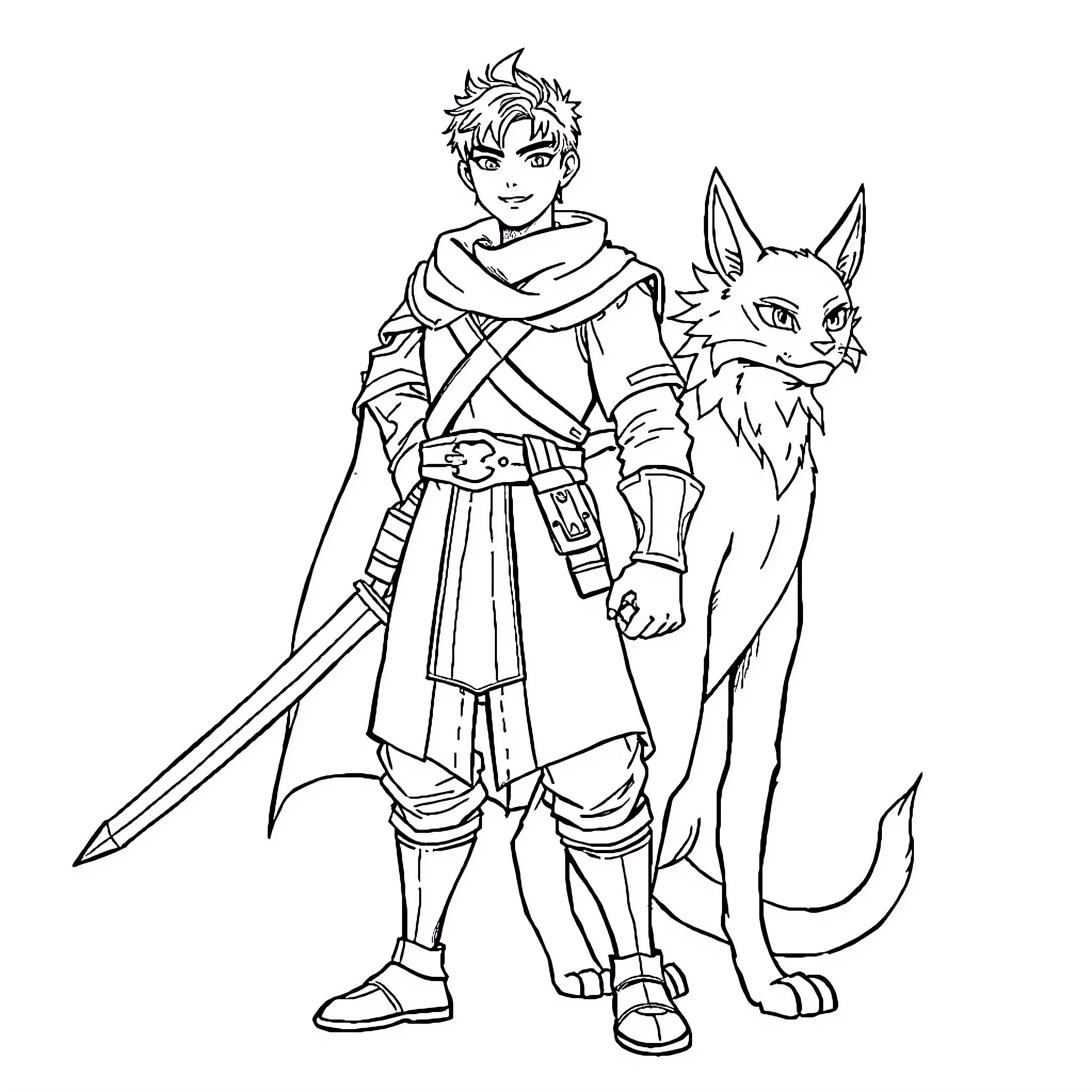 Jin Woo's Adventure with his Loyal Companion Coloring Page (free black-and-white line drawing printable PDF for all, from beginners to advanced learners, including children, teens, adults, and seniors)