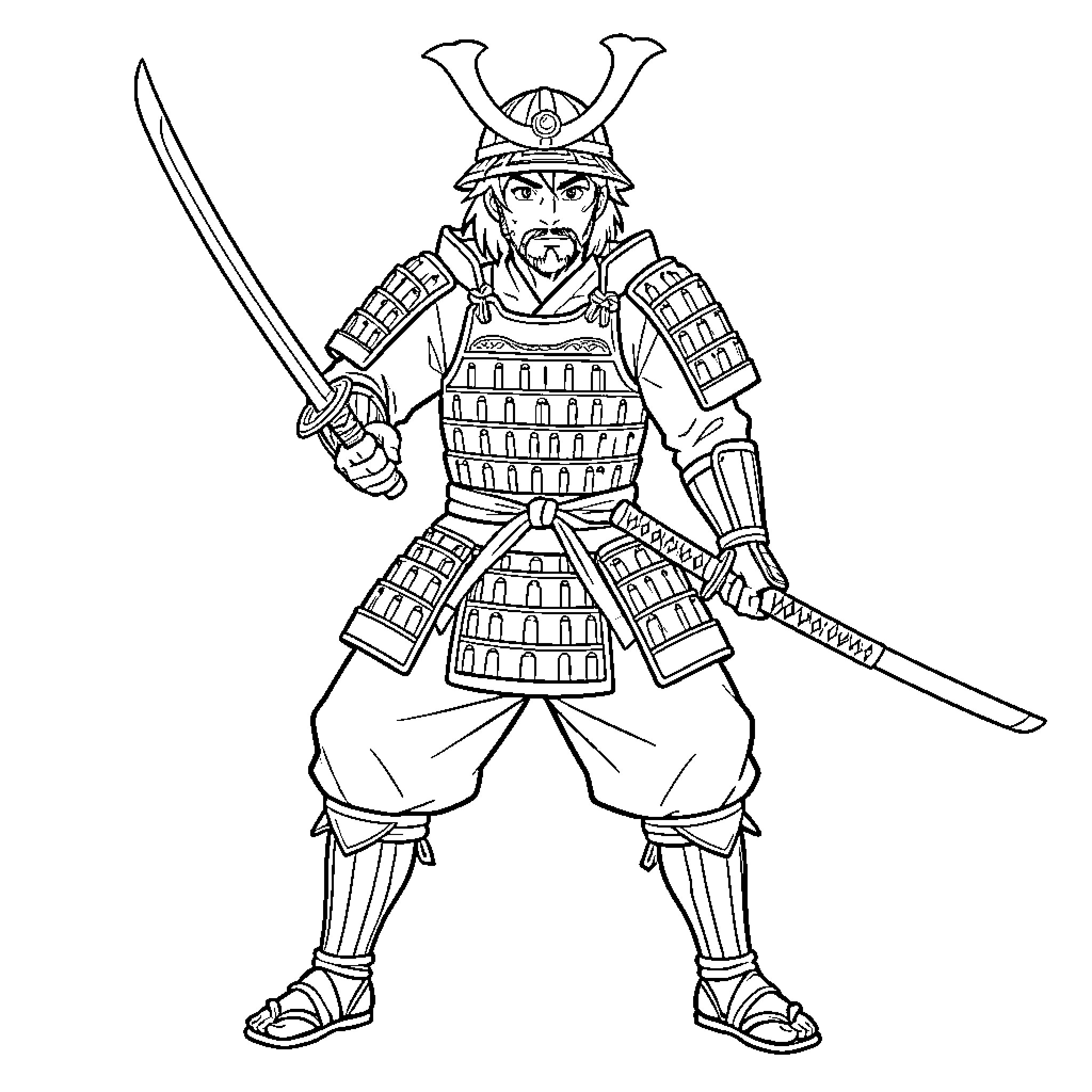 Samurai warrior standing firmly holding dual swords Coloring Page (free black-and-white line drawing printable PDF for all, from beginners to advanced learners, including children, teens, adults, and seniors)