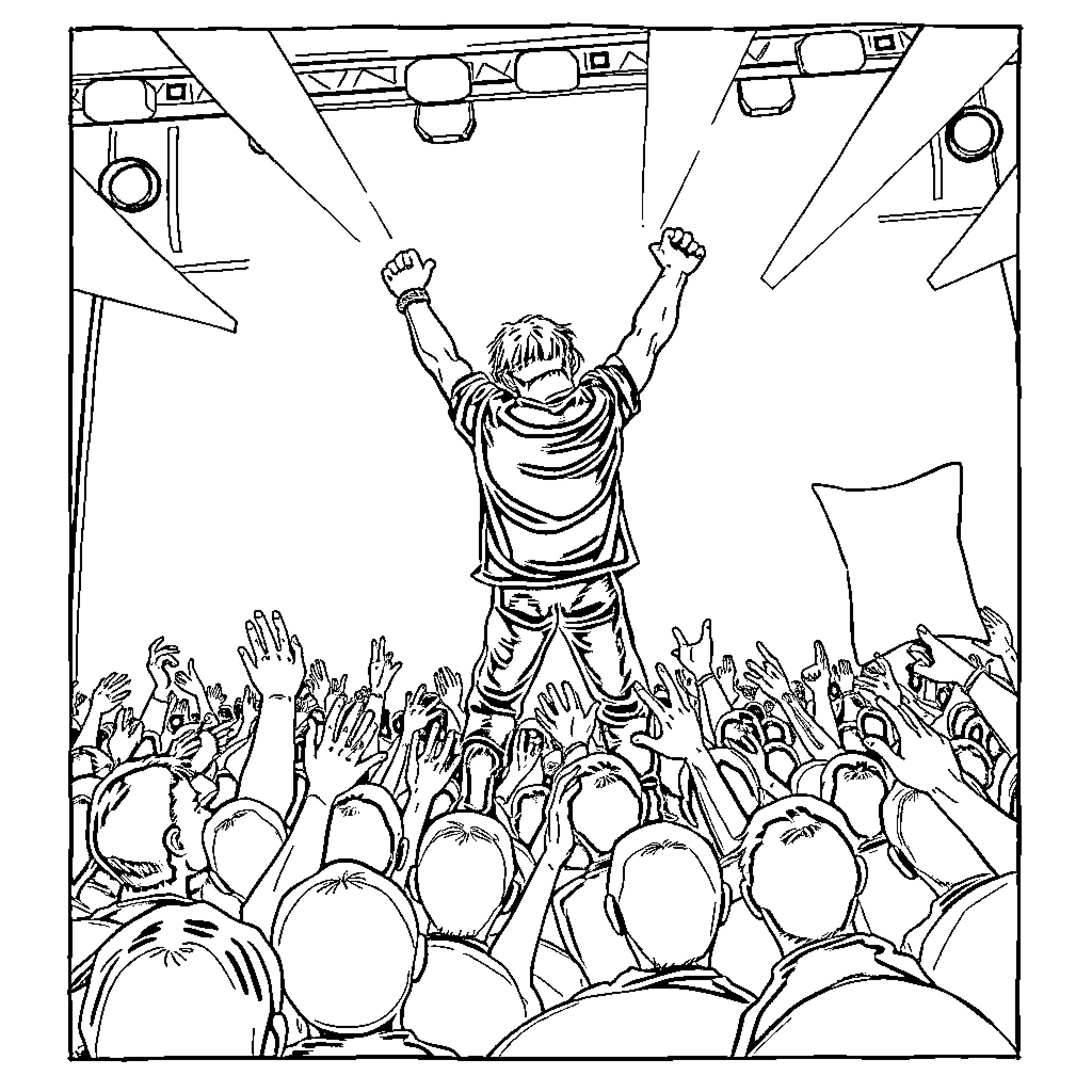 System of a Down: Energetic Rock Star Captivates Crowd Coloring Page (free black-and-white line drawing printable PDF for all, from beginners to advanced learners, including children, teens, adults, and seniors)
