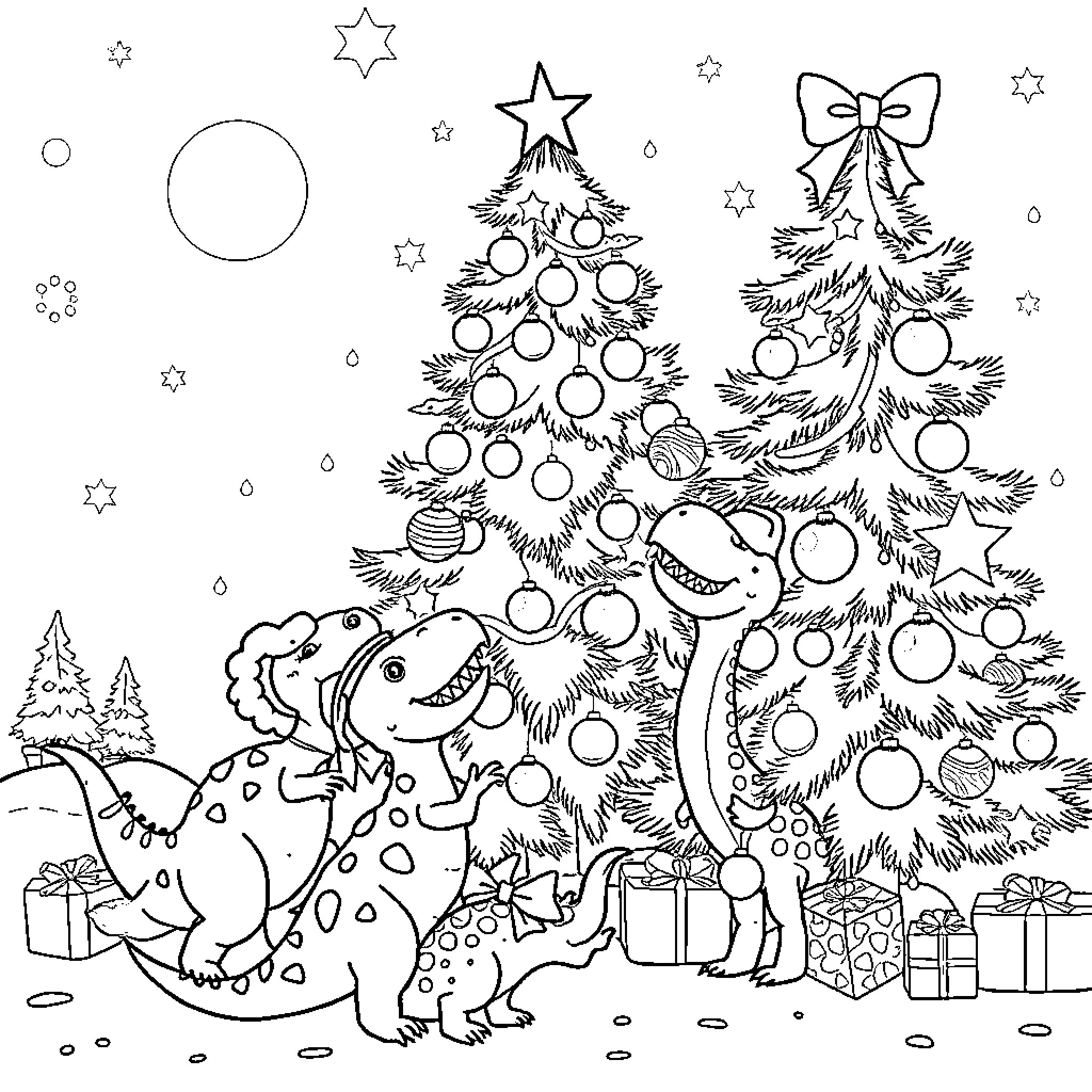 Dinosaurs Decorating Christmas Trees with Presents Coloring Page (free black-and-white line drawing printable PDF for all, from beginners to advanced learners, including children, teens, adults, and seniors)