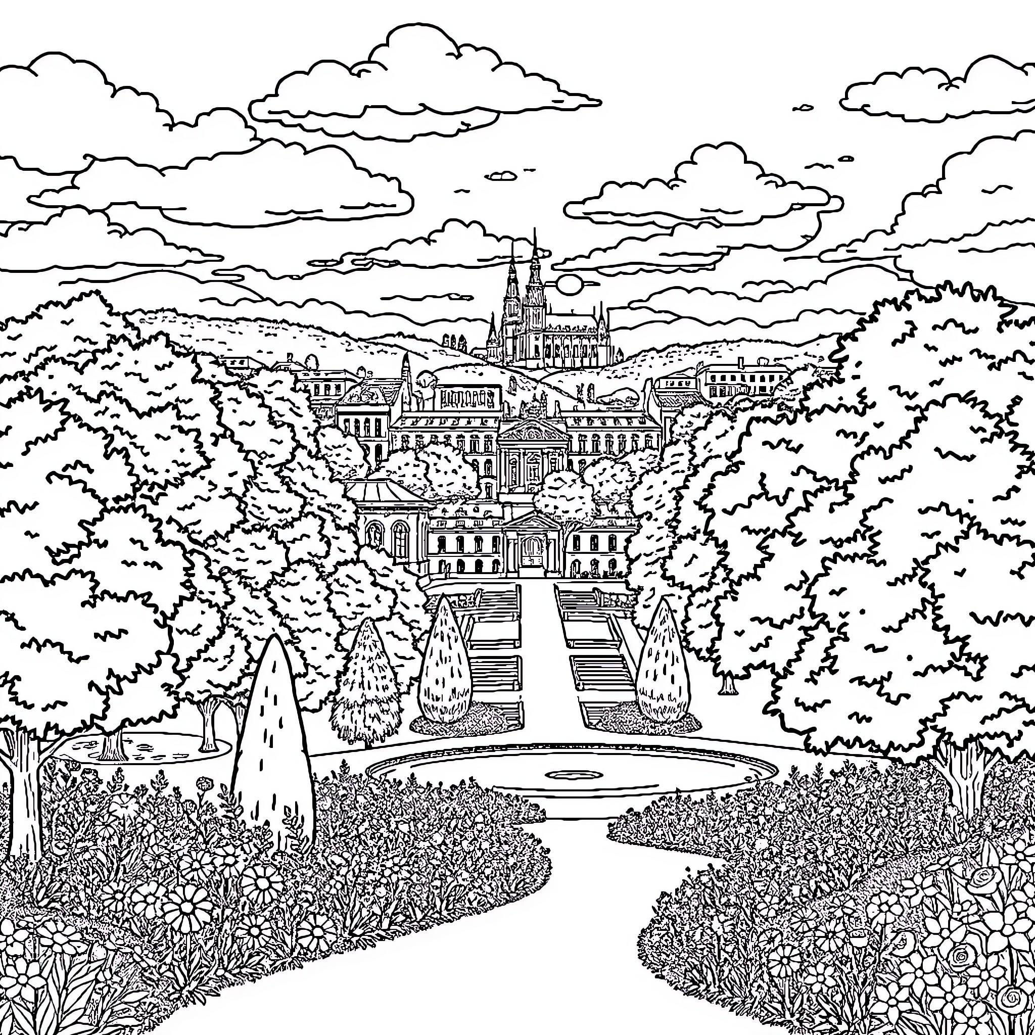 Park with ornate castle and gardens Coloring Page (free black-and-white line drawing printable PDF for all, from beginners to advanced learners, including children, teens, adults, and seniors)