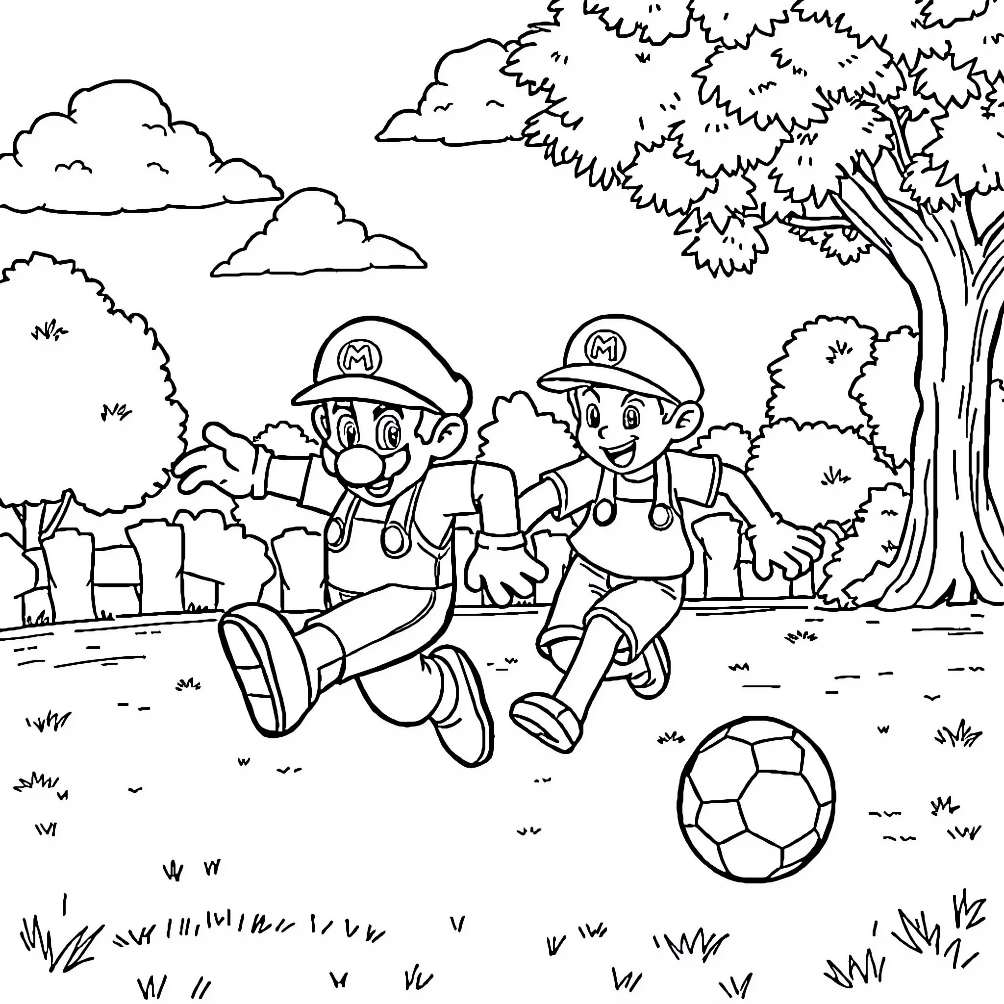 Mario and Luigi playing soccer outdoors Coloring Page (free black-and-white line drawing printable PDF for all, from beginners to advanced learners, including children, teens, adults, and seniors)
