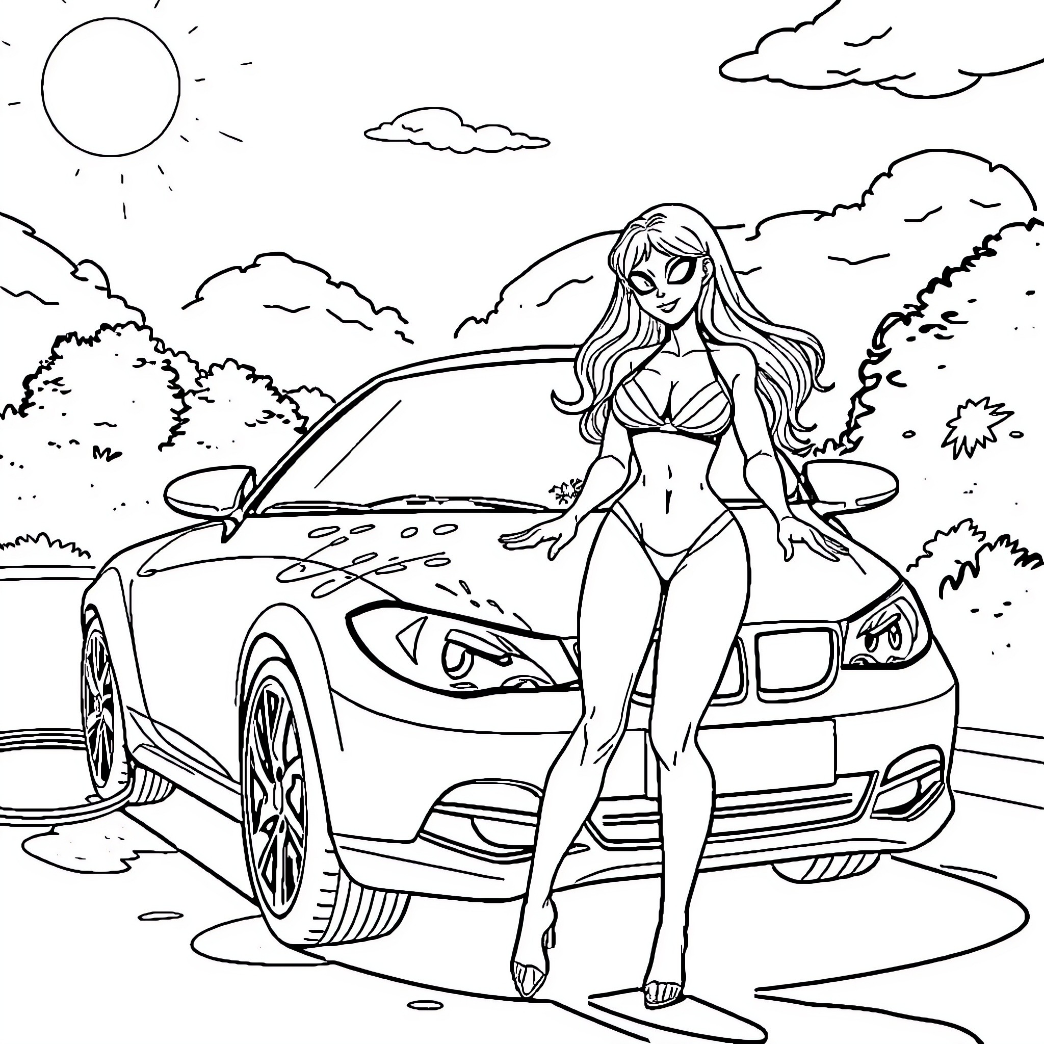 Spider Gwen enjoying a sunny day by her sports car Coloring Page (free black-and-white line drawing printable PDF for all, from beginners to advanced learners, including children, teens, adults, and seniors)