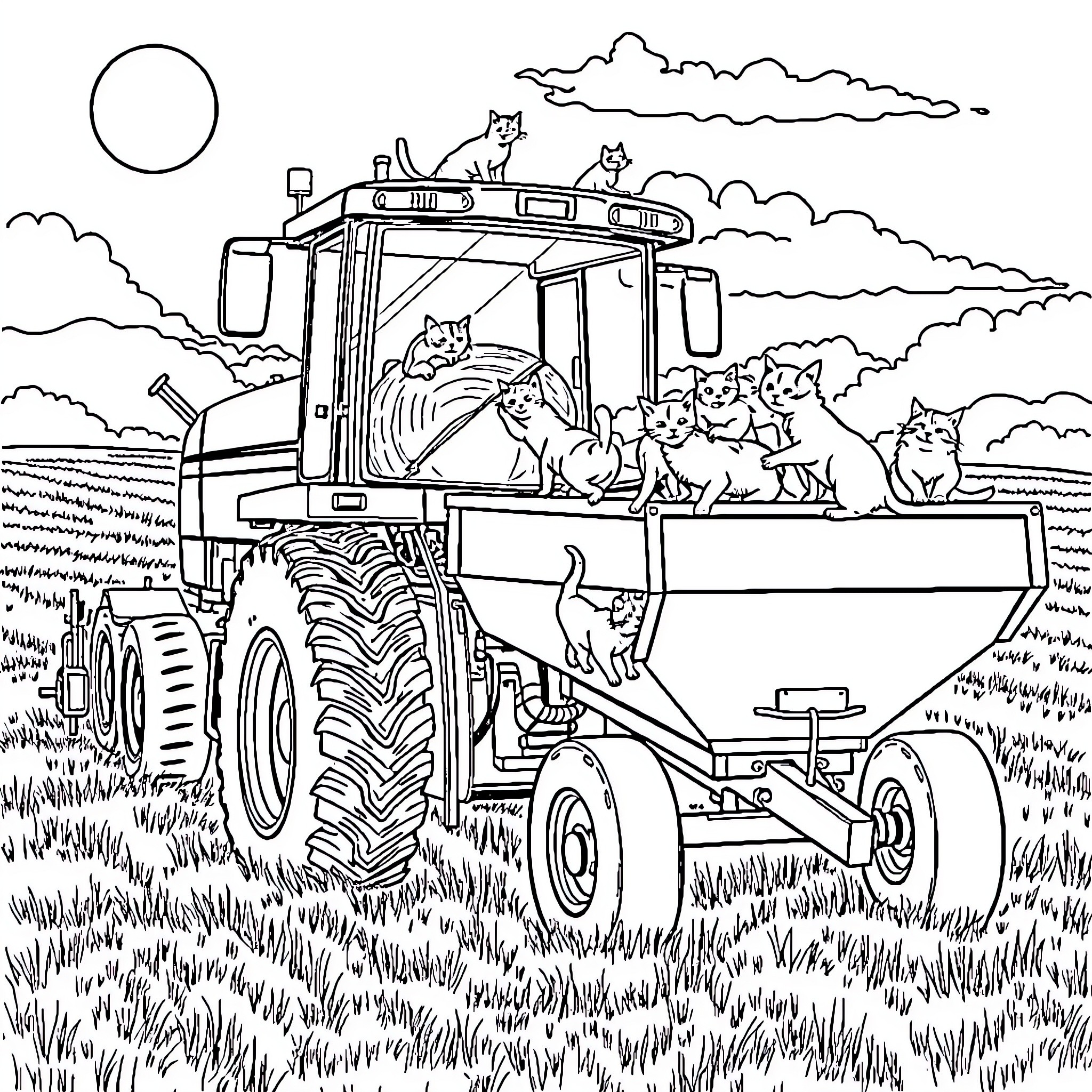 Cat Riding on a Tractor in the Countryside Coloring Page (free black-and-white line drawing printable PDF for all, from beginners to advanced learners, including children, teens, adults, and seniors)