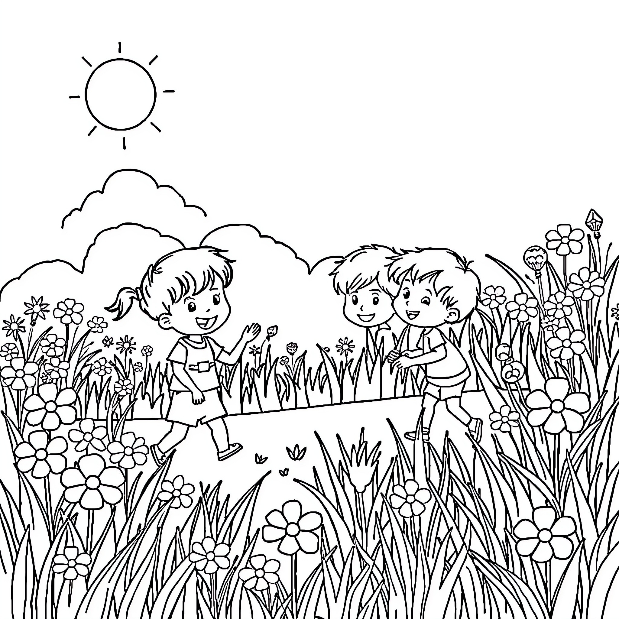 Kid playing happily with friends in a flower garden Coloring Page (free black-and-white line drawing printable PDF for all, from beginners to advanced learners, including children, teens, adults, and seniors)